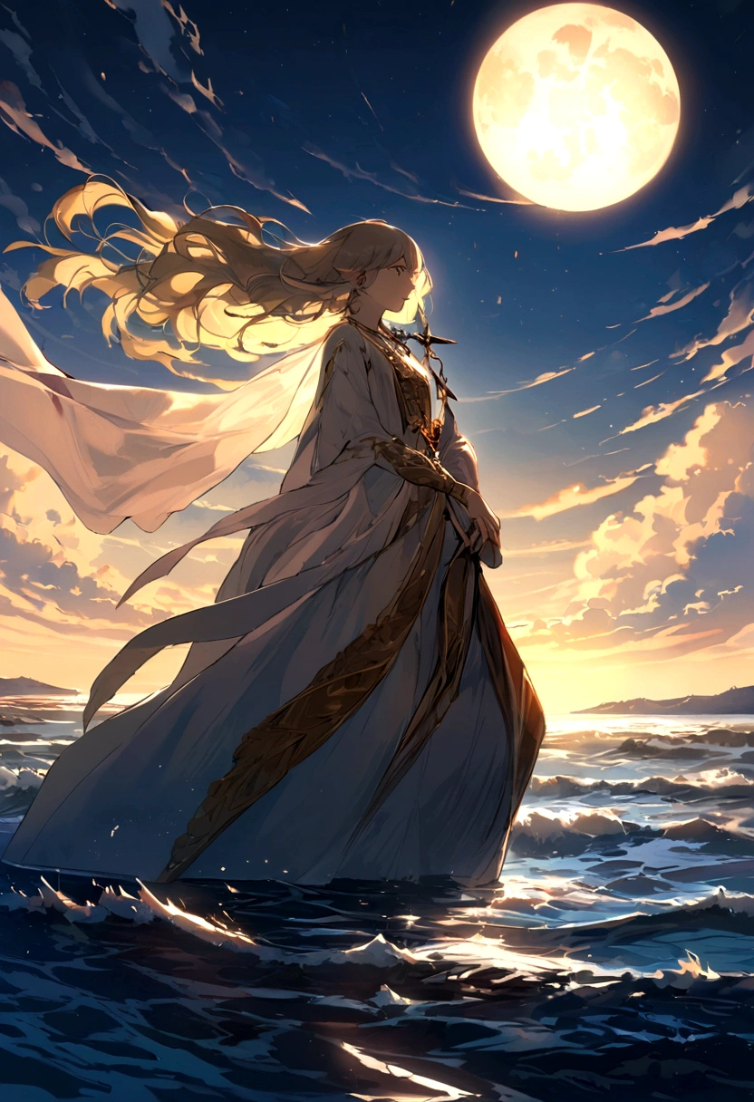 In a mesmerizing silhouetted scene of a giant moon with its surface marked by vividly detailed craters, with radiant sunlight, in a fantastical world bathed in ethereal light, a lone young man who is carrying a sword stands confidently on a serene beach, looking forward with determination in her eyes, with blue waves gently kissing the shore. Behind him, the landscape is both familiar and otherworldly, with ancient structures partially submerged in water, giving the impression that once upon a time there was a great civilization, now in ruins. He has spiky blond hair that shines in the sun, a reflection of his vibrant and adventurous spirit. Around the neck hangs a distinctive pendant, reflecting the light with a touch of mystery. In his hand he holds an enormous sword, beautifully crafted and ornamented with stones, its blade glowing with a magical aura, suggesting that this weapon is not just for combat. The atmosphere is filled with a sense of tranquility, mystery, serenity and adventure. The young man looks at the horizon with a determined and victorious expression, as if he is ready to embark on a new journey, face an imminent challenge or cast a powerful spell.