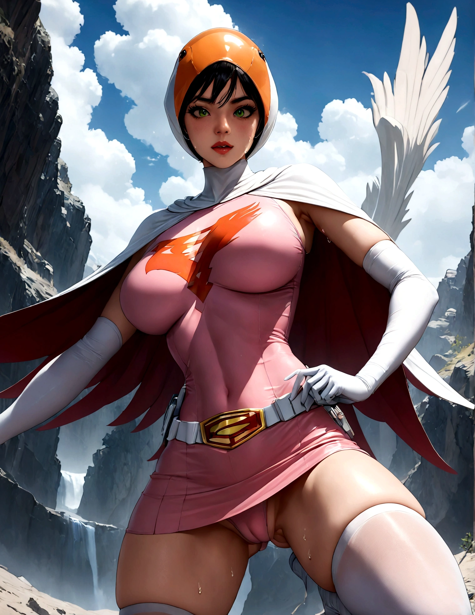 ((masterpiece)), ((highest quality)), ((High resolution)), ((Very detailed CG unity 8k wallpaper)), Beautifully detailed, Very detailed, 16k, Exquisite, Absurd, Beautiful background, Beautiful Eyes, Beautiful Skin, Beautiful Face, Outdoor, Day, Face Focus, View Viewer, alone, Concentrated, Dutch Angle Break, Hi3JTS, Jun The Swan, 1Girl, chest, Glossy lips, medium chest, large chest, Green Eyes, Big eyes, (We say:1.2), Lip mites, compensate, eyelash, eye shadow, A kind smile, attractive, (See-through orange visor:1,5), Helmet, Cape, Elbow hand pockets, Knee socks, belt, White gloves, zettai ryouiki, mask, skirt, White legwear, Superhero, leotard, Spacesuit, Pink Dress, white Cape, pink leotard, pink skirt, Short dress, White long gloves, White long boots, Gloss, Breaking the dynamism, Sweat, Sweatdrop, Browsing Caution, ((Fetish Situation:1.5)), Perfect hands, Perfect legs, Perfect Anatomy,