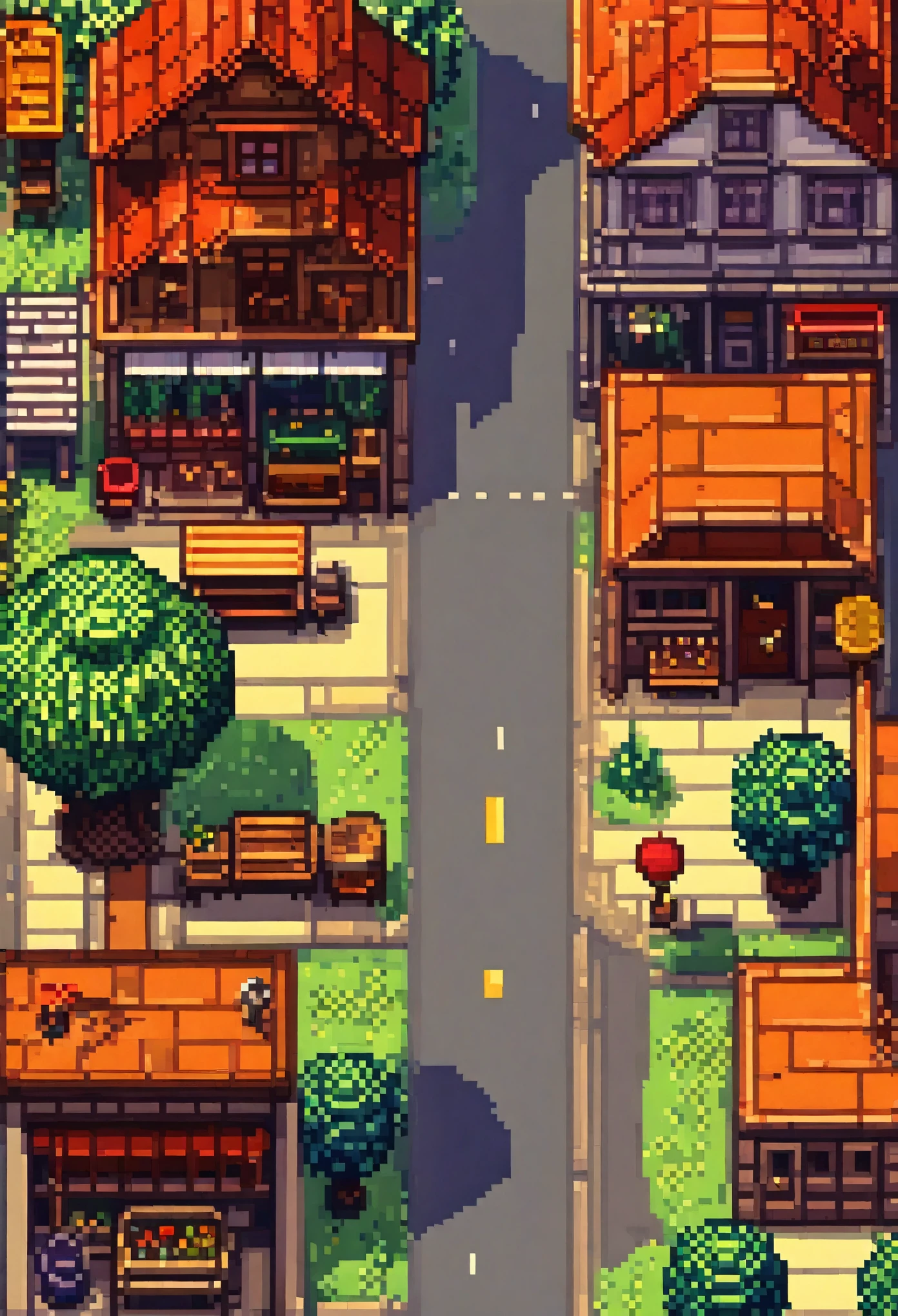 top quality, best quality, High-quality illustrations, masterpiece, mother2 map, town, load, car, pixel art, dots, Quarter View, Isometric View,