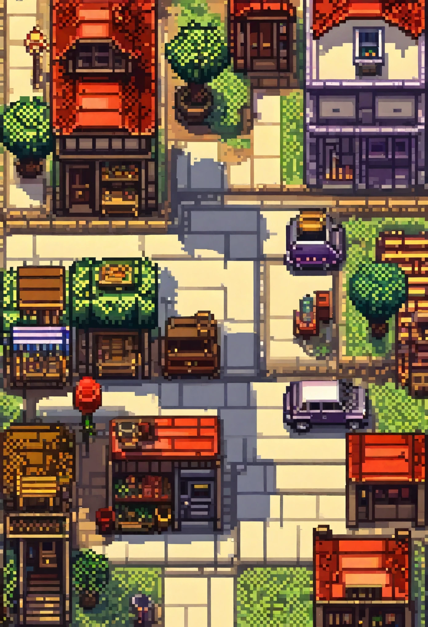 top quality, best quality, High-quality illustrations, masterpiece, mother2 map, town, load, car, pixel art, dots, Quarter View, Isometric View,
