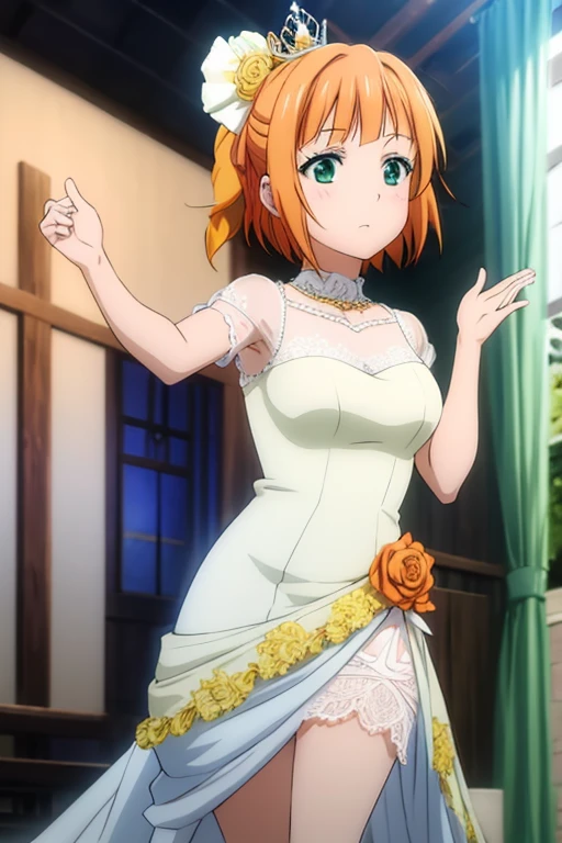 anime, detailed,short orange hair, green eyes, dance white lace wedding dress, crystal tiara
