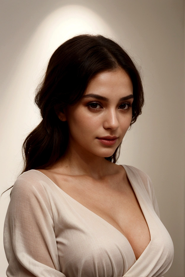"Create a photorealistic headshot image of a stunning female AI influencer, posing in a luxurious setting. She's wearing a high-quality, crisp white shirt with a subtle sheen and realistic texture, carefully draped to accentuate her toned physique. The camera is zoomed in on her face, capturing every detail with precision. Her eyes are a deep, piercing brown, with a subtle smolder effect and a hint of warmth. Her full lips curve into a subtle, enigmatic smile. Her hair is a luscious, dark brown, with subtle waves and a slight sheen, framing her face with soft, effortless curls. The background is a soft, white blur, emphasizing her face and the luxurious clothing. The lighting is soft and warm, with subtle shadows and realistic reflections that accentuate her features and the high-quality fabric. Generate a high-resolution image, with detailed textures, realistic lighting, and subtle nuances that make the image feel truly photorealistic."