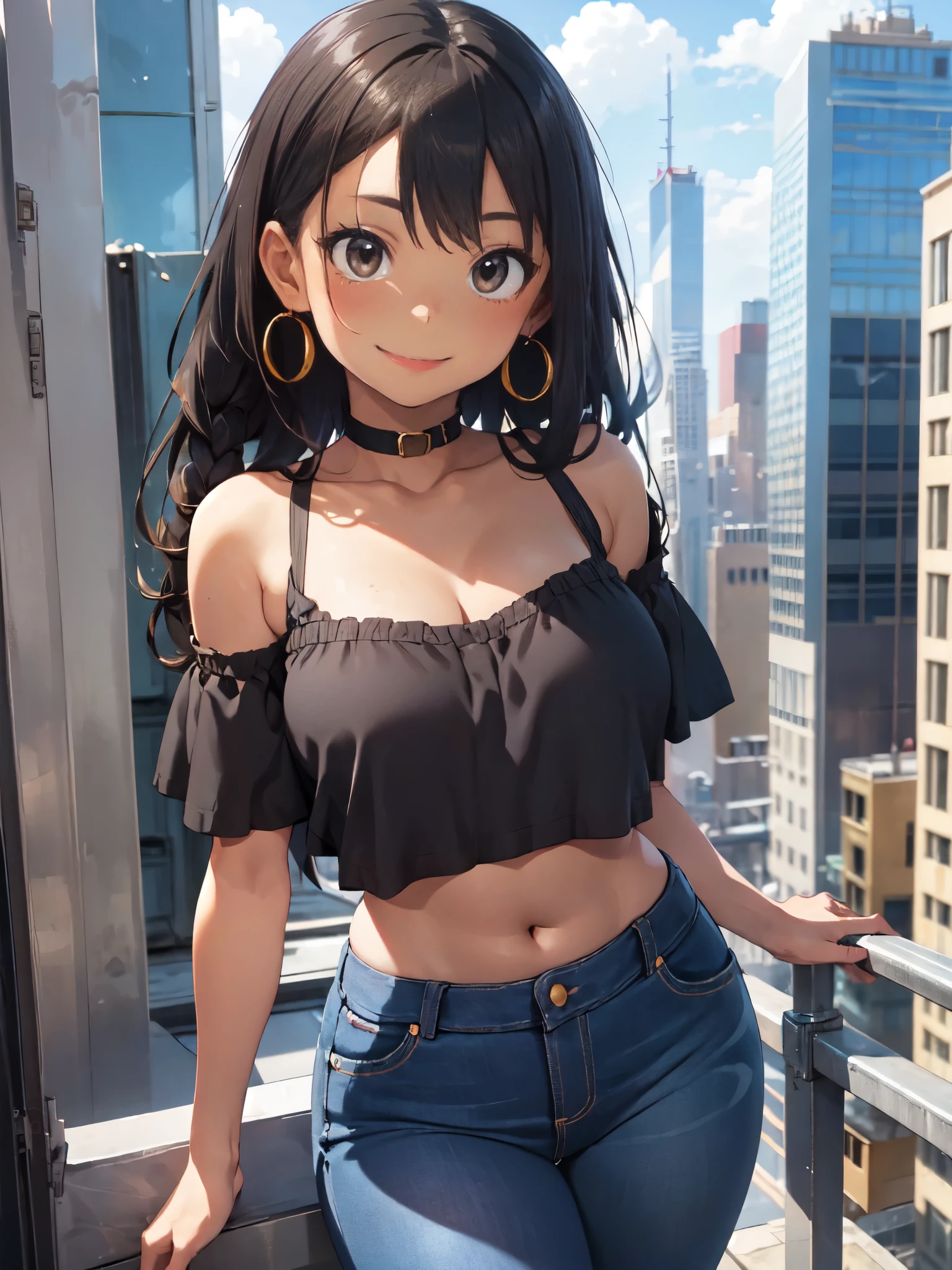 Girl with dark skin, starring at viewer flirtatious, braids, jet black  hair, Box braids, black eyes, smiling, super tight jeans big hips, hands are detailed, perfect hands, white tube top , small breasts, white top, bare shoulders, big circle gold earrings, freckles, big lips, on a rooftop, nyc skyline in the background, blue skies big clouds