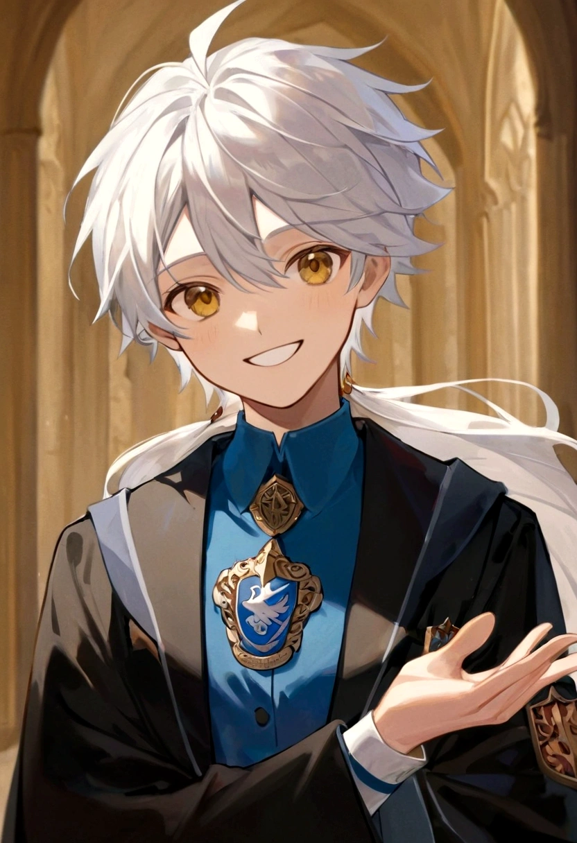 Ravenclaw uniform, Ravenclaw emblem, black robe. Beautiful face boy. Very smart. white Hair. Amber yellow eyes. Hogwarts. Cheerful. Smile. Blue clothes
