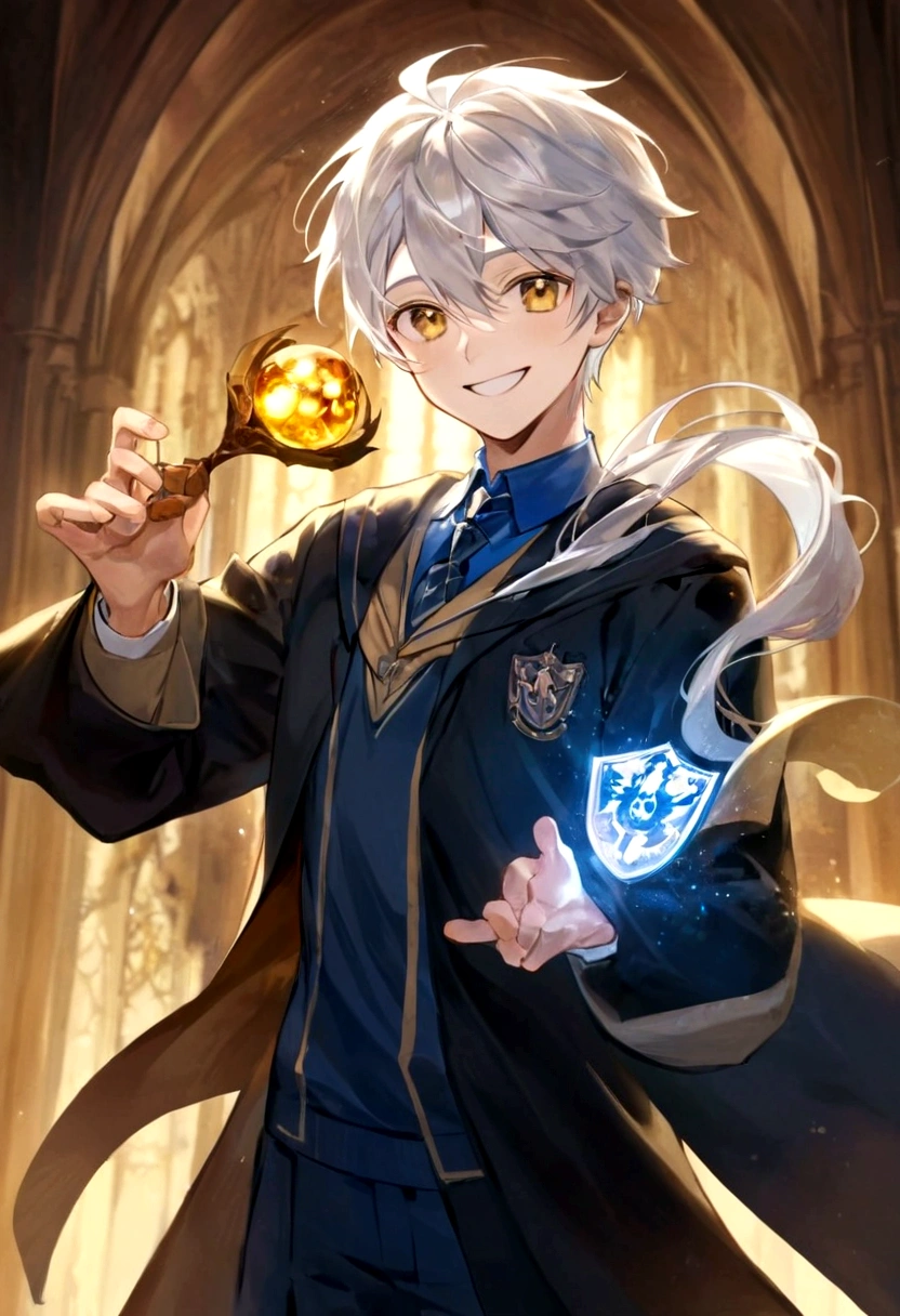 Ravenclaw uniform, Ravenclaw emblem, black robe. Beautiful face boy. Very smart. white Hair. Amber yellow eyes. Hogwarts. Cheerful. Smile. Blue clothes