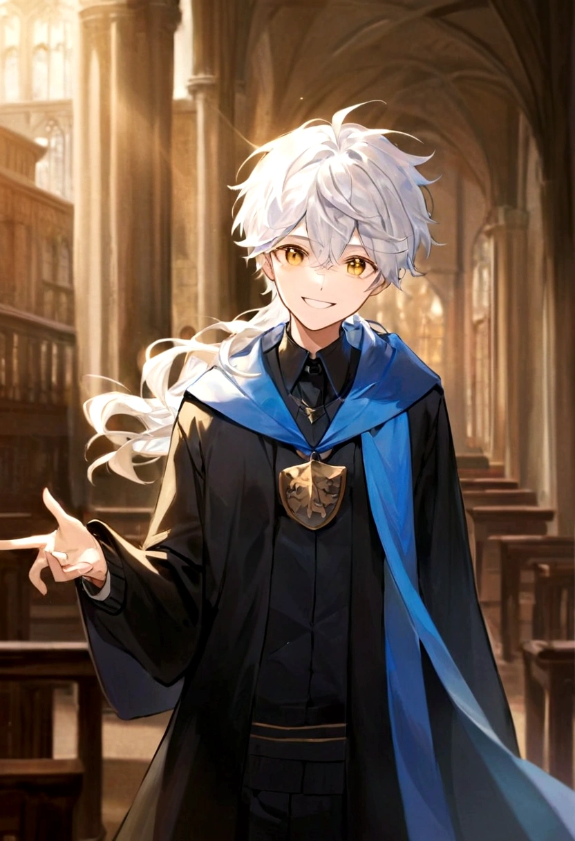 Ravenclaw uniform, Ravenclaw emblem, black robe. Beautiful face boy. Very smart. white Hair. Amber yellow eyes. Hogwarts. Cheerful. Smile. Blue clothes