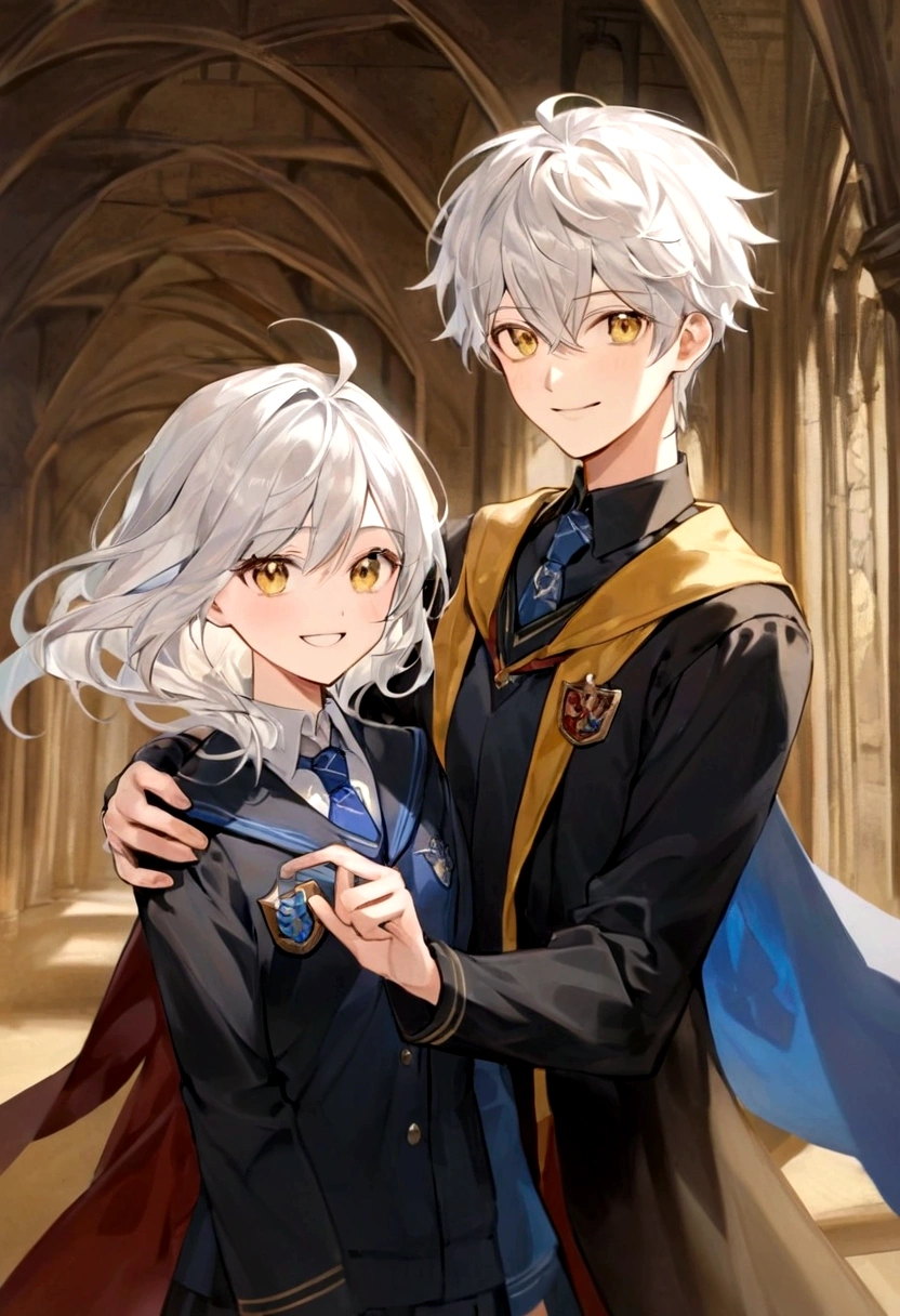 Ravenclaw uniform, Ravenclaw emblem, black robe. Beautiful face boy. Very smart. white Hair. Amber yellow eyes. Hogwarts. Cheerful. Smile. Blue clothes