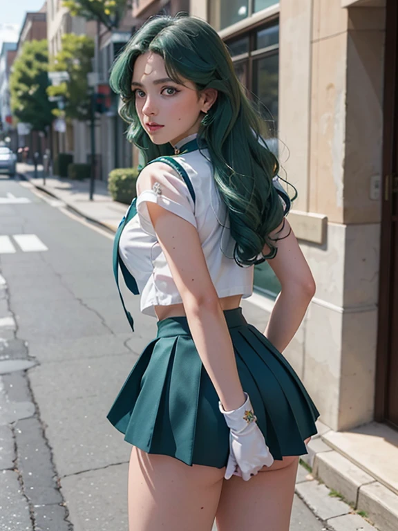 back shot, Masterpiece, 4k, super detailed, close-up, 1 girl, sailor Neptune, aqua blue eyes, dark green hair, medium hair, (sailor senshi uniform:1.1), pleading skirt, bow, dynamic pose, best quality, masterpiece, high resolution, intricate detail, (realistic)), photography, earrings, jewelry, white gloves, medium breasts, full body, white gloves, sailor collar