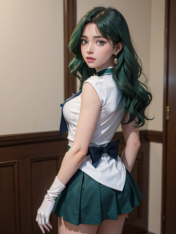 Masterpiece, 4k, super detailed, close-up, 1 girl, sailor Neptune, aqua blue eyes, dark green hair, medium hair, (sailor senshi uniform:1.1), pleading skirt, bow, dynamic pose, best quality, masterpiece, high resolution, intricate detail, (realistic)), photography, earrings, jewelry, white gloves, medium breasts, full body, white gloves, sailor collar