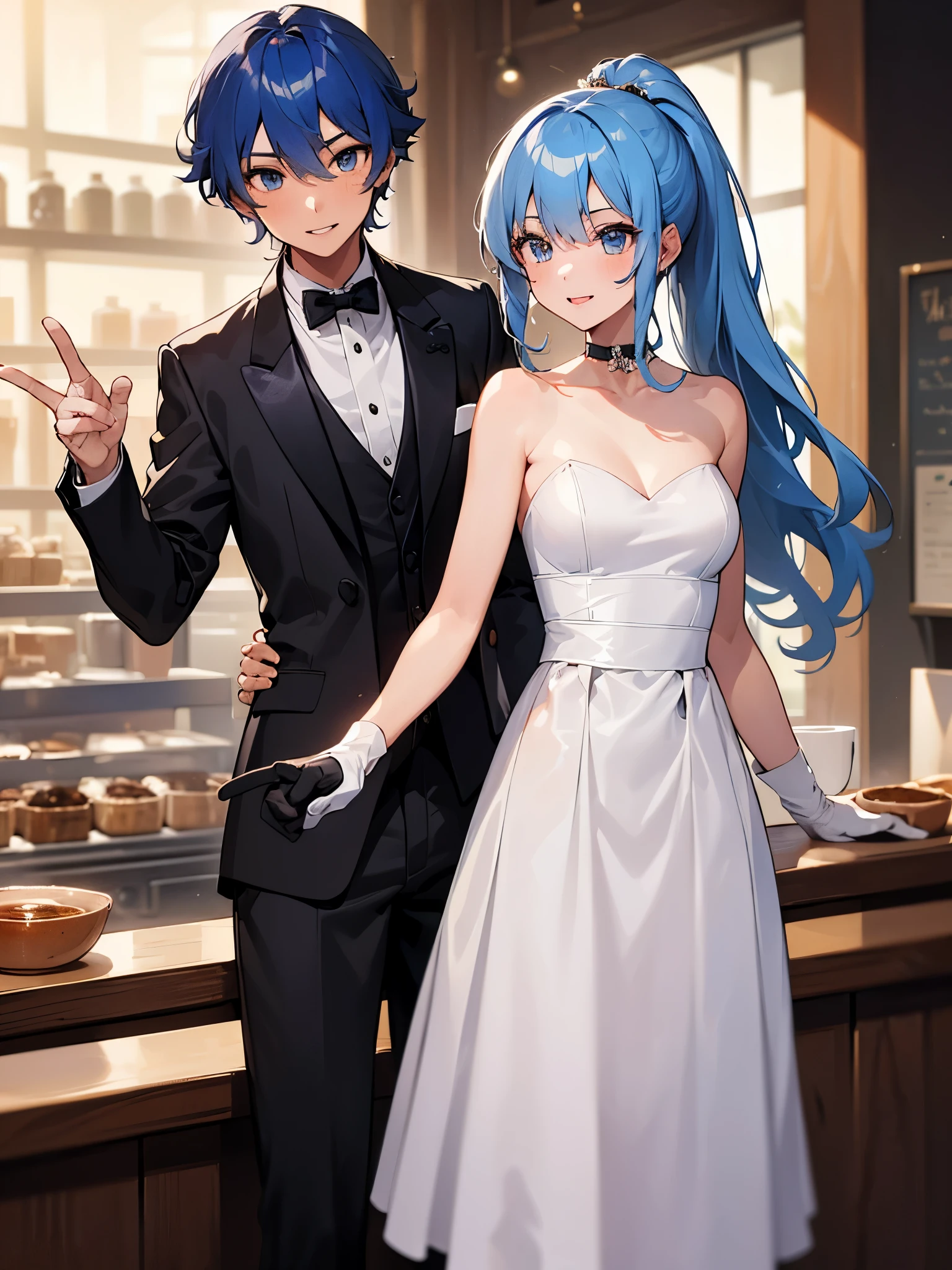 (One girl:1.5),Star Town Suisei、blue eyes、Blue Hair、choker、Hair between the eyeedium Hair、ponytail、星のchoker,(Tuxedo:1.5),Suit pants,outer coat,gentleman,White gloves,(Perfect hands),(Perfect Anatomy),(masterpiece),(highest quality),Cool smile,Put your finger on your lips,Coffee shop