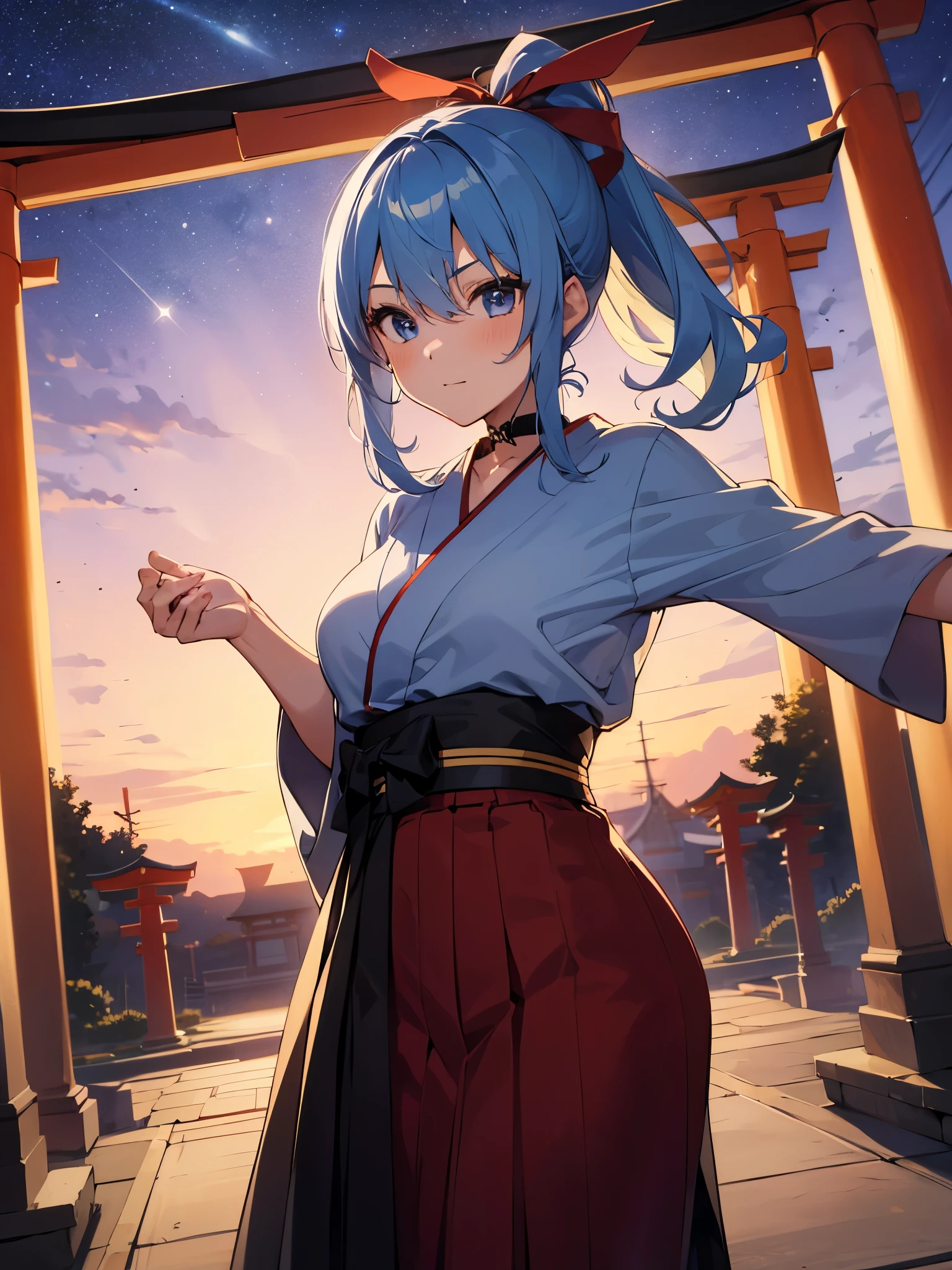 (One girl:1.5),Star Town Suisei、blue eyes、Blue Hair、choker、Hair between the eyes、Medium Hair、ponytail,Big ribbon,星のchoker,kimono,Red and black hakama,(Perfect hands),(Perfect Anatomy),(masterpiece),(highest quality),Cool expression,Sidelong glance,Shrine at night,torii