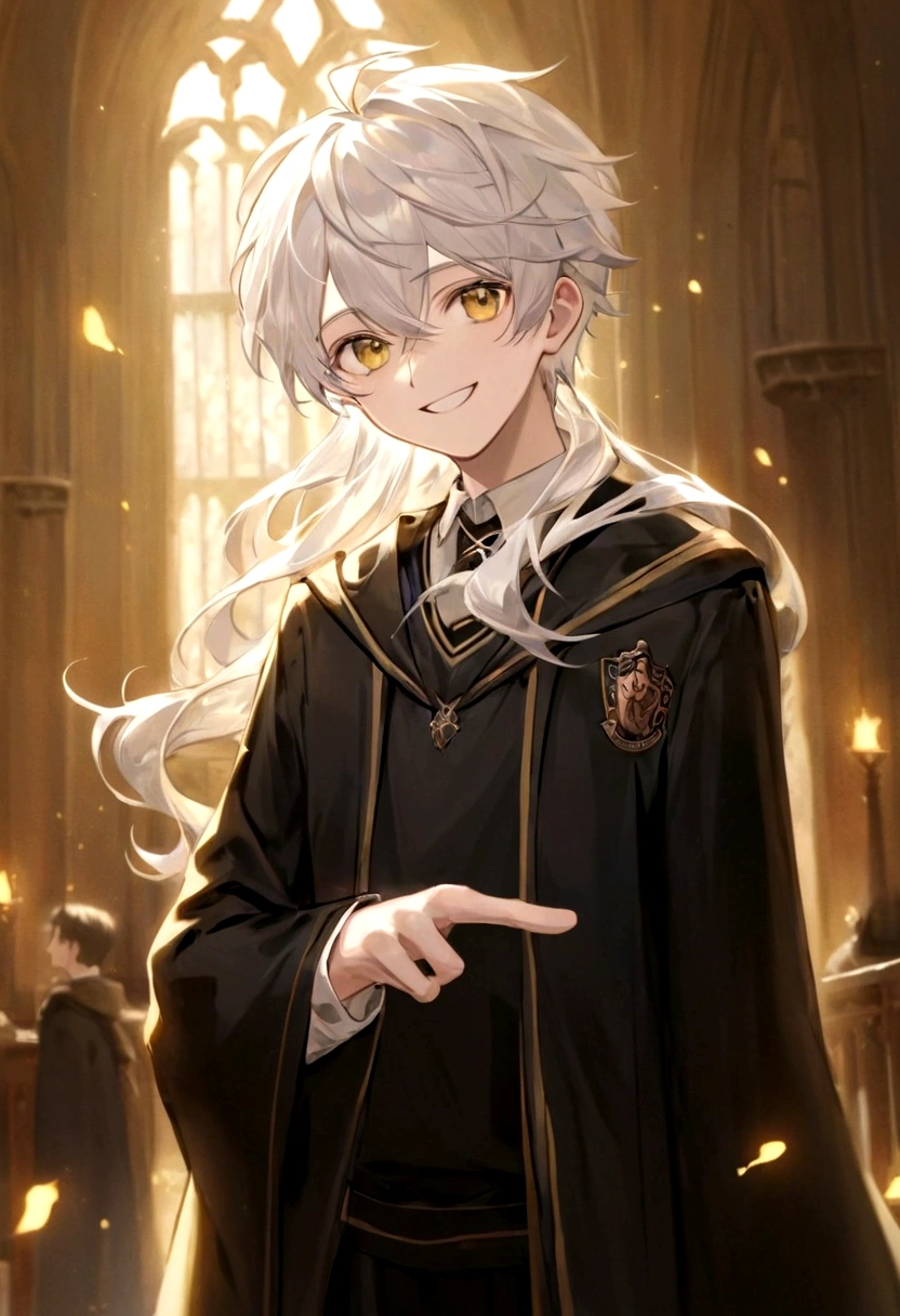 Ravenclaw uniform, Ravenclaw emblem, black robe. Beautiful face boy. Very smart. white Hair. Amber yellow eyes. Hogwarts. Cheerful. Smile