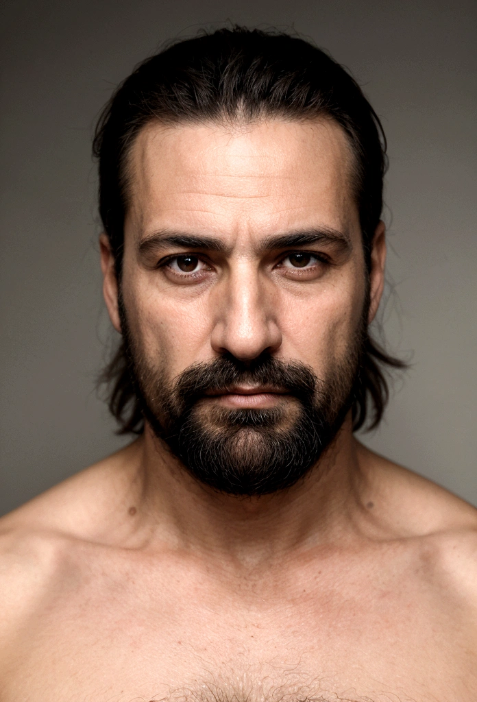 "Retrato d&#39;un homme sabio et imponente, Looking straight ahead from the age of 40, mince, Barbudo et avec canas, with a serious expression and an air of&#39;experiment. Definition of vertices. Inspiration de l&#39;homme grec antique."
