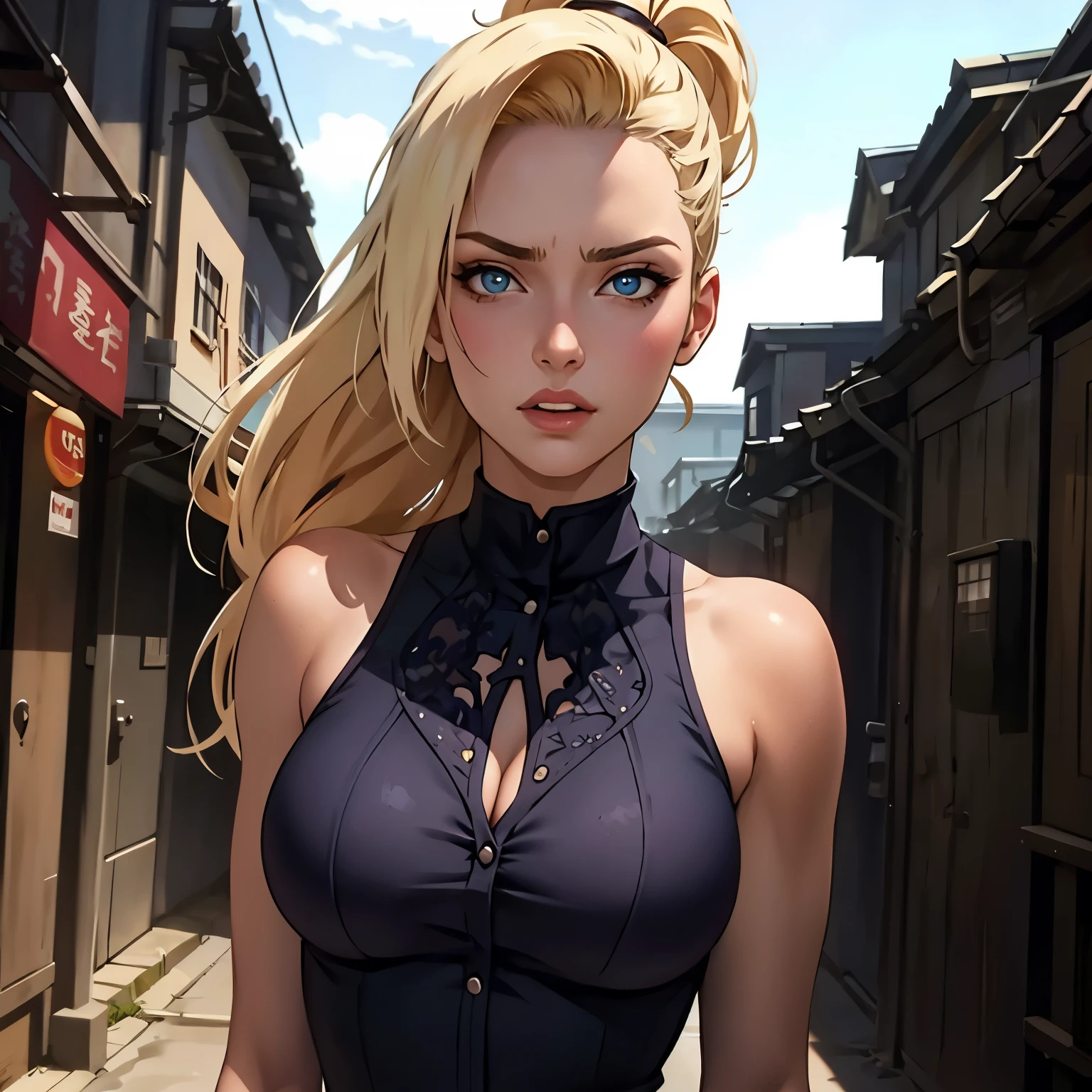 masterpiece, Best quality at best, 1girl, ino yamanaka, blonde hair, ((medium sized breast:1.3)), shocked expression, (upperbody closeup), Raised sexy, alleyway, intricate details, realistic lighting, cinematic composition, dramatic shadows, vibrant colors, beautiful detailed eyes, beautiful detailed lips, extremely detailed eyes and face, longeyelashes, photo-realistic, cinematic lighting, dramatic atmosphere