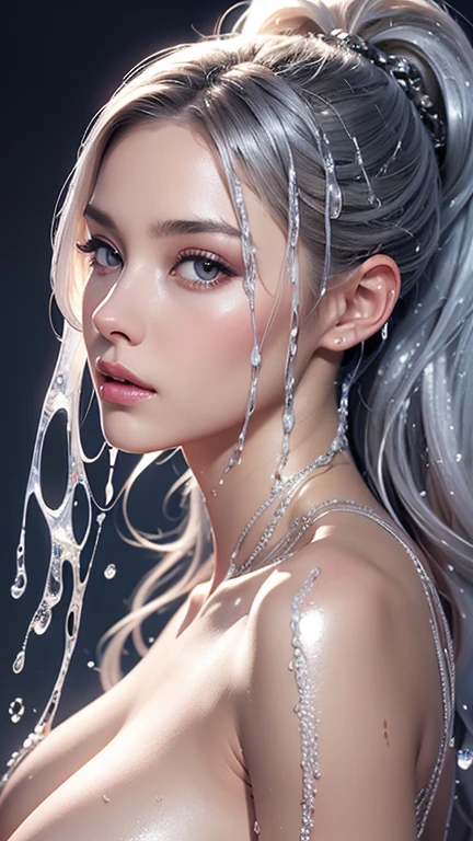 a digital painting of a beautiful attractive woman naked covered in splashing liquid silver jumpsuit , a hyperrealistic painting, figurative art, in silver paint, silver liquid, character is covered in liquid, fantasy art ,elegance pose, beautiful saggy breasts, large breasts ,medium close up shot, lighting clear and soft effect , white background