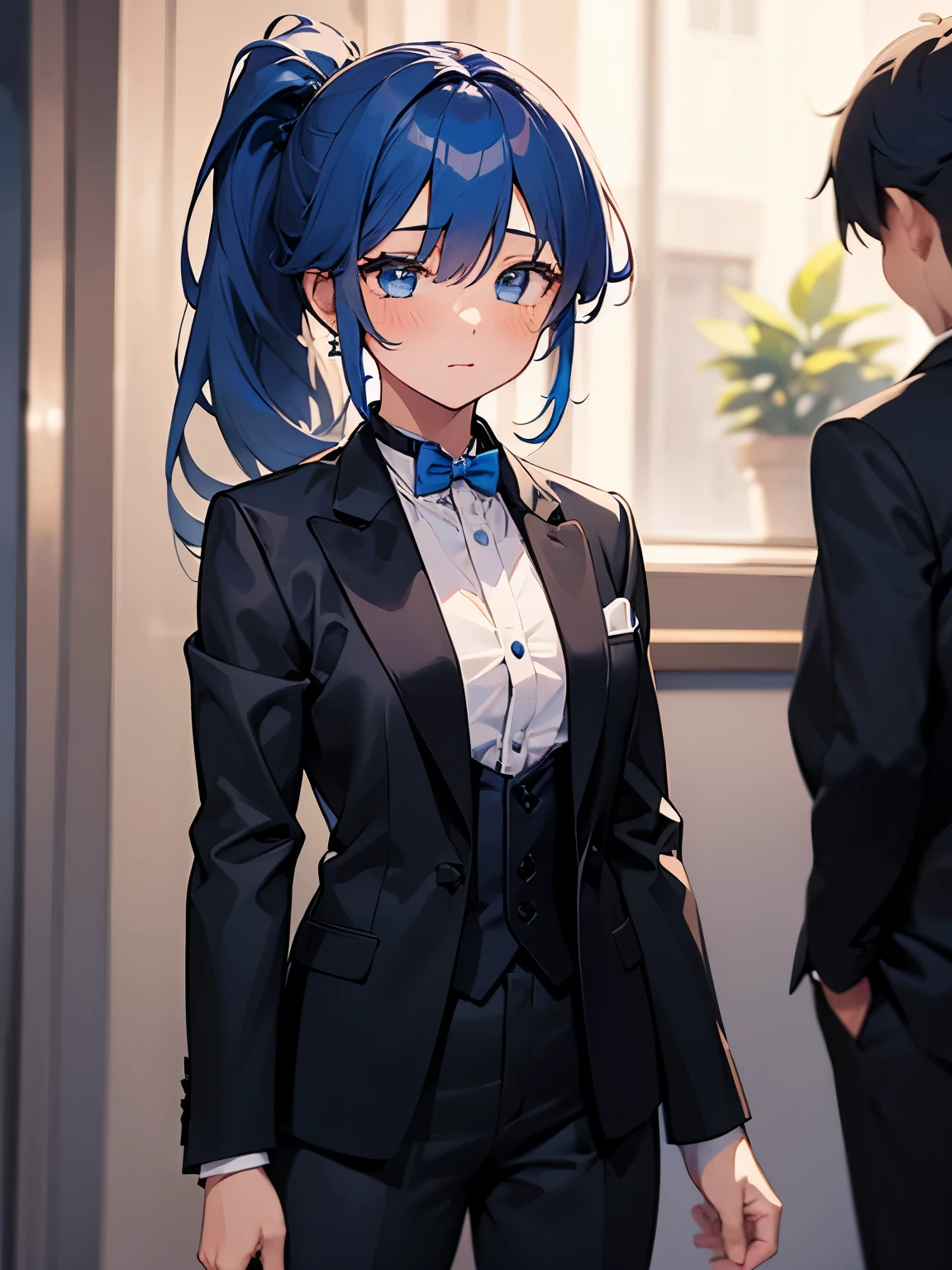 (One girl:1.5),Star Town Suisei、blue eyes、Blue Hair、choker、Hair between the eyeedium Hair、ponytail、星のchoker,(Tuxedo:1.5),Suit pants,outer coat,Gentleman's clothing,White gloves,(Perfect hands),(Perfect Anatomy),(masterpiece),(highest quality),Cool smile,Put your finger on your lips,Coffee shop