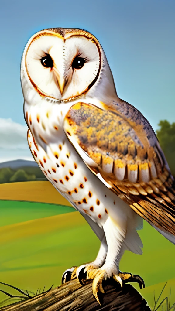 painting of a barn owl perched on a branch in a field, glowing white owl, radiant owl, exquisite and handsome wings, owl feathers, hyperrealistic robot owl, cute owl, barn owl face, beautiful detail and color, beautiful detail, beautifully painted, an owl, beautiful!!!!!!!!!, by John Michael Wright, spotted ultra realistic, ethereal!!! ultra realistic, barn owl mask