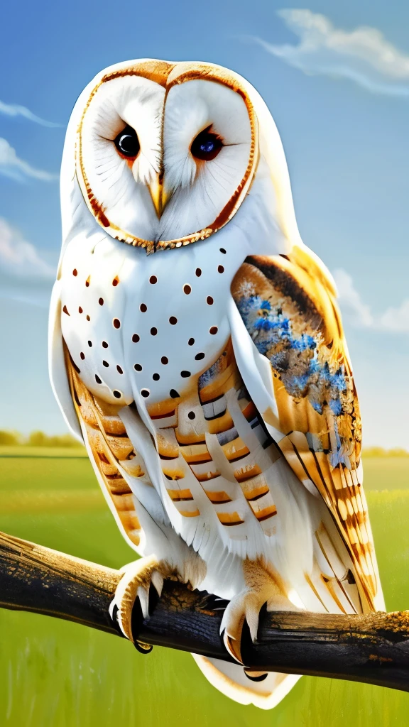 painting of a barn owl perched on a branch in a field, glowing white owl, radiant owl, exquisite and handsome wings, owl feathers, hyperrealistic robot owl, cute owl, barn owl face, beautiful detail and color, beautiful detail, beautifully painted, an owl, beautiful!!!!!!!!!, by John Michael Wright, spotted ultra realistic, ethereal!!! ultra realistic, barn owl mask
