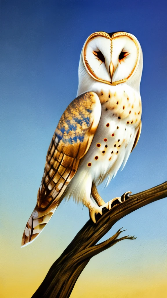 painting of a barn owl perched on a branch in a field, an airbrush painting by John Michael Wright, flickr, fine art, glowing white owl, radiant owl, exquisite and handsome wings, owl feathers, hyperrealistic robot owl, cute owl, barn owl face, beautiful detail and color, beautiful detail, beautifully painted, an owl, beautiful!!!!!!!!!, spotted ultra realistic