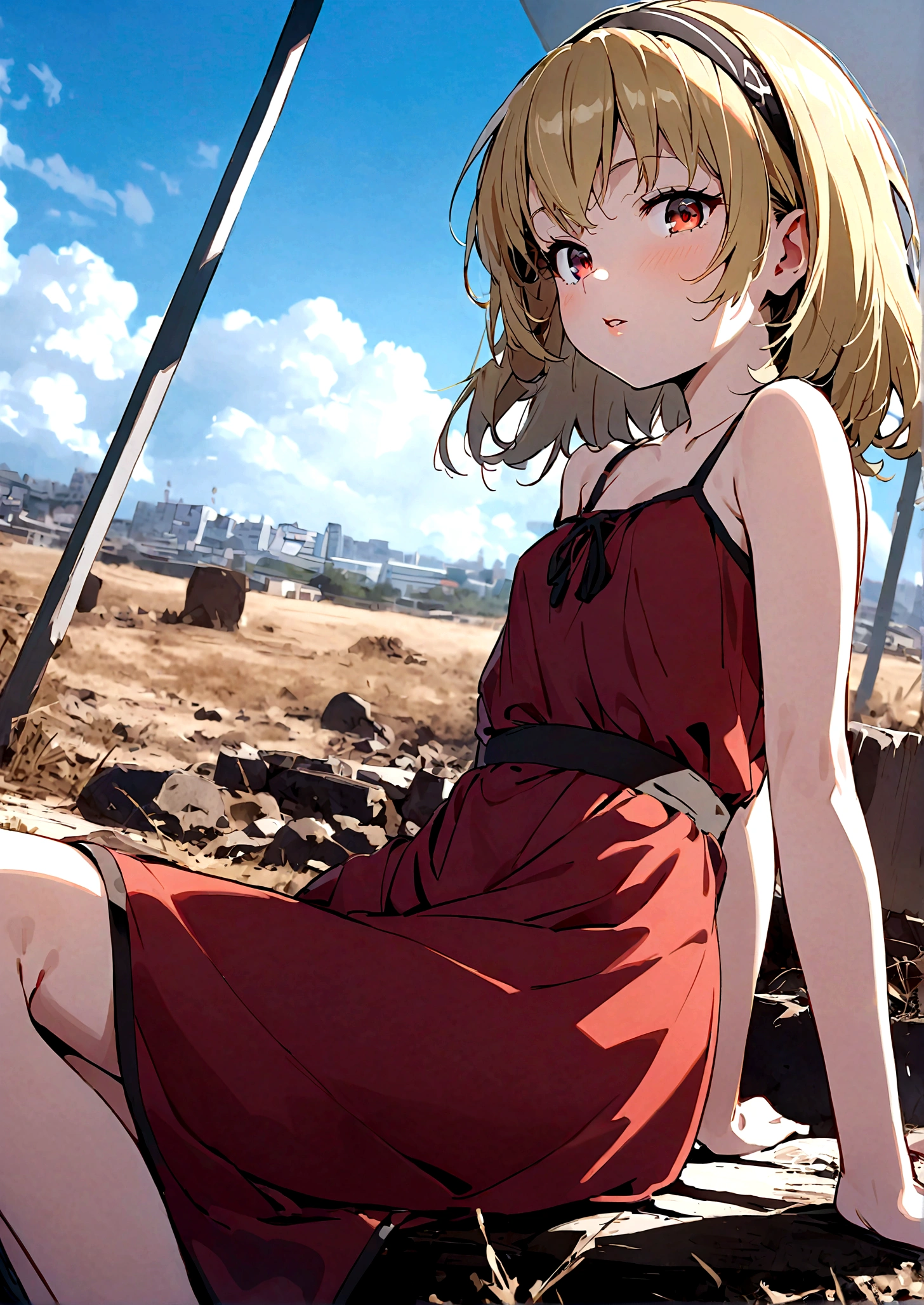 (Houjou_Satoko), 1girl, solo, (Blonde Hair), Red eyes, short hair, hair band, Small breasts,I&#39;m 11 years old, looking at viewer, dress, brown eyes, sitting, outdoors, parted lips, sky, day, cloud, blue sky, lips, arm support, red dress, 