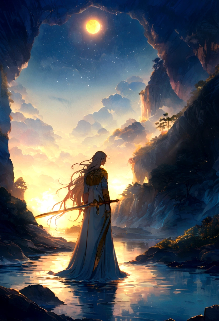 In a mesmerizing silhouetted scene of a giant moon with its surface marked by vividly detailed craters, with radiant sunlight, in a fantastical world bathed in ethereal light, a lone young man who is carrying a sword stands confidently on a serene beach, looking forward with determination in her eyes, with blue waves gently kissing the shore. Behind him, the landscape is both familiar and otherworldly, with ancient structures partially submerged in water, giving the impression that once upon a time there was a great civilization, now in ruins. He has spiky blond hair that shines in the sun, a reflection of his vibrant and adventurous spirit. Around the neck hangs a distinctive pendant, reflecting the light with a touch of mystery. In his hand he holds an enormous sword, beautifully crafted and ornamented with stones, its blade glowing with a magical aura, suggesting that this weapon is not just for combat. The atmosphere is filled with a sense of tranquility, mystery, serenity and adventure. The young man looks at the horizon with a determined and victorious expression, as if he is ready to embark on a new journey, face an imminent challenge or cast a powerful spell. ((front-side)) ((8k)