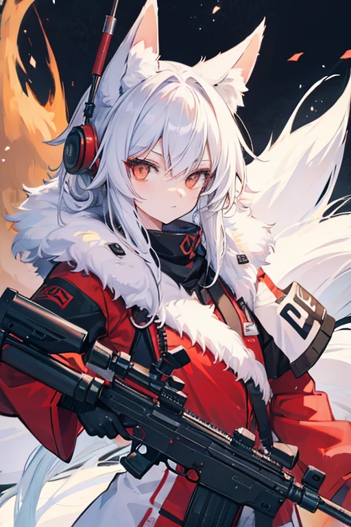 Fox person, kitsune, modern clothing, fuzzy coat, sniper, weapon, gun
