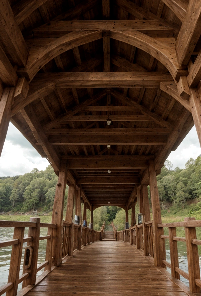 hyperrealistic wooden bridge, first person in above perspective crossing over, detailed architecture, ornate wooden beams and railings, natural lighting, realistic textures, weathered wood, reflections on water, lush foliage, dramatic clouds, photorealistic, 8k, high quality, detailed, masterpiece