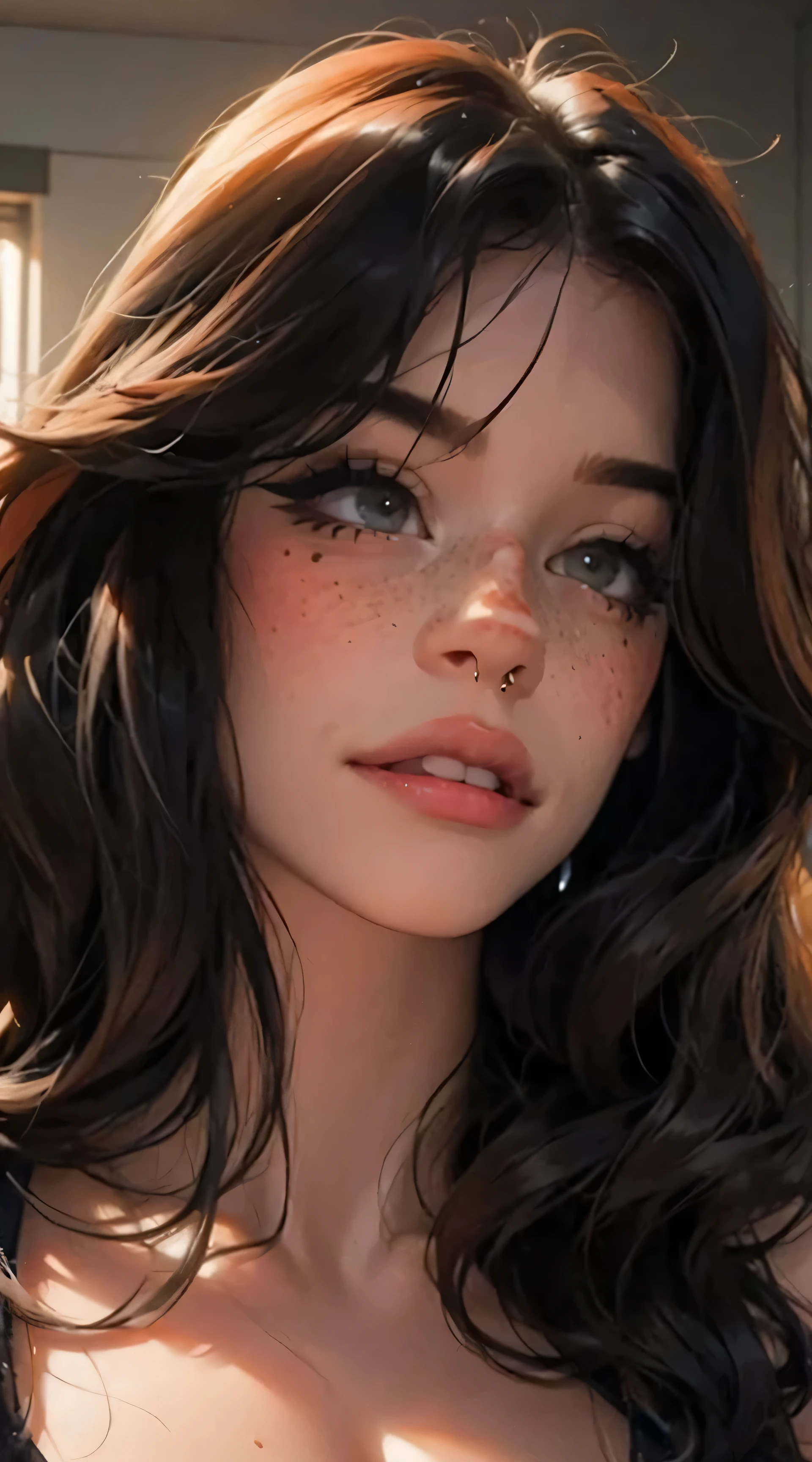 1 girl, Natural photography of a beautiful girl, wearing a loose crop top, leaning over, short flowing hair, big bust, locks eyes into the camera, symmetrical eyes, symmetrical face,  (masterpiece) (best quality) (detailed) (8k) photorealistic, photography, path tracing, specular lighting, volumetric face light, path traced hair, visible shadows, intricate, elaborate, huge , cleavage, wet skin, flirty, freckles, blush, dark eyeliner