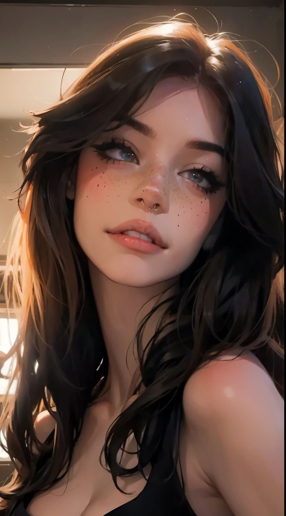 1 girl, Natural photography of a beautiful girl, wearing a loose crop top, leaning over, short flowing hair, big bust, locks eyes into the camera, symmetrical eyes, symmetrical face,  (masterpiece) (best quality) (detailed) (8k) photorealistic, photography, path tracing, specular lighting, volumetric face light, path traced hair, visible shadows, intricate, elaborate, huge , cleavage, wet skin, flirty, freckles, blush, dark eyeliner