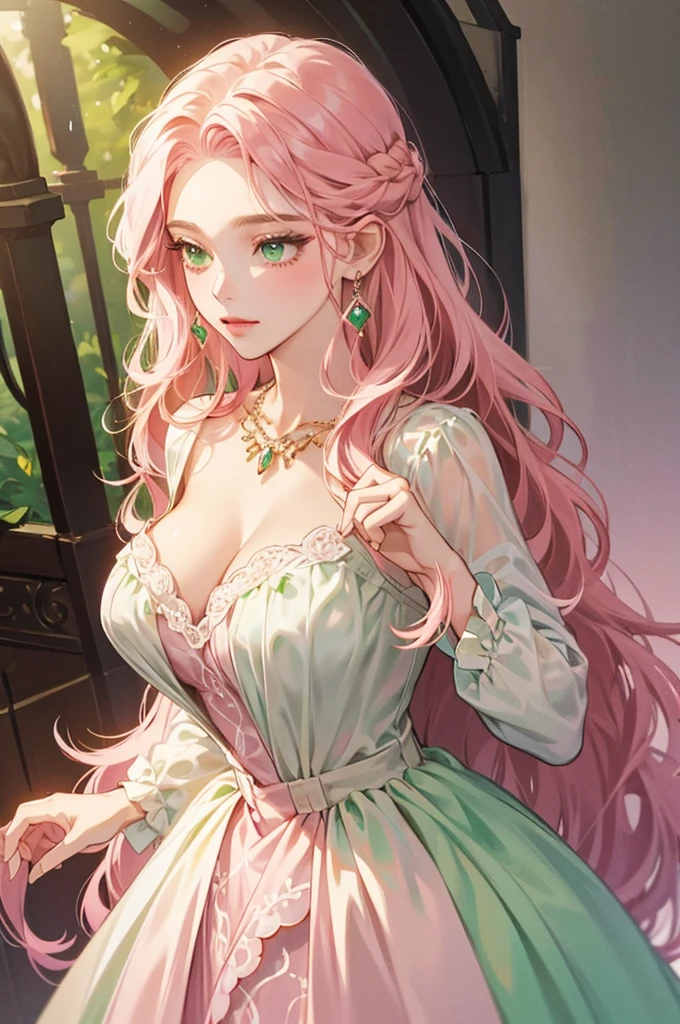 A princess, wavy long pink hair, green eyes, soft makeup, elegant dress with jewelry, big breasts, in a white estate, earring and necklace, green eye color