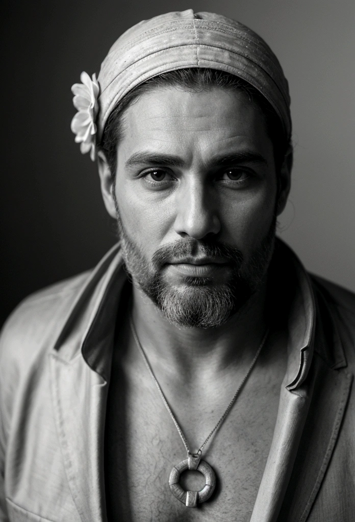 "Retrato d'un homme sabio et imponente, Looking straight ahead from the age of 40, regard doux et sincères, mince, Barbudo et avec canas, with a serious expression and an air of'experiment. Definition of vertices. Inspiration de l'homme grec antique."
