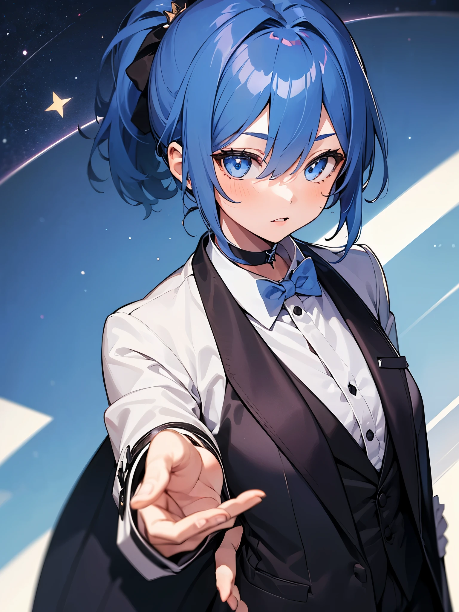 (One girl:1.5),Star Town Suisei、blue eyes、Blue Hair、choker、Hair between the eyes、Medium Hair、ponytail、星のchoker,(Tuxedo:1.5),Suit pants,outer coat,Gentleman's clothing,White gloves,(Perfect hands),(Perfect Anatomy),(masterpiece),(highest quality),Cool smile,Put your finger on your lips,Luxurious mansion,Office