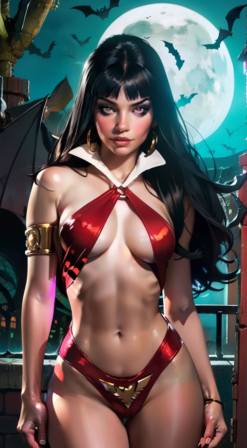 sexy vampirella wearing a deep V red swimsuit, ((Full moon and bats background)) , oily shiny skin, red eyes, hot and fit body, naughty, slutty, camel toes , detailed eyes,  flirty, sexy, naughty, large perky , realistic, HDR, UHD, dynamic, front view, dark outside. moonlight, glowing red eyes