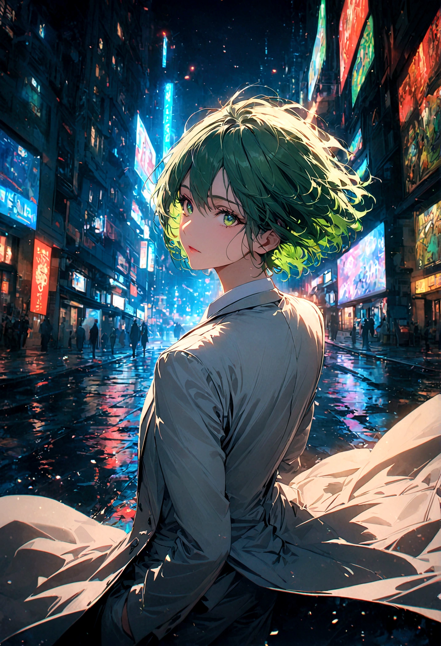 A green-haired, green-eyed man wearing a white suit turned his back to the city center at night.