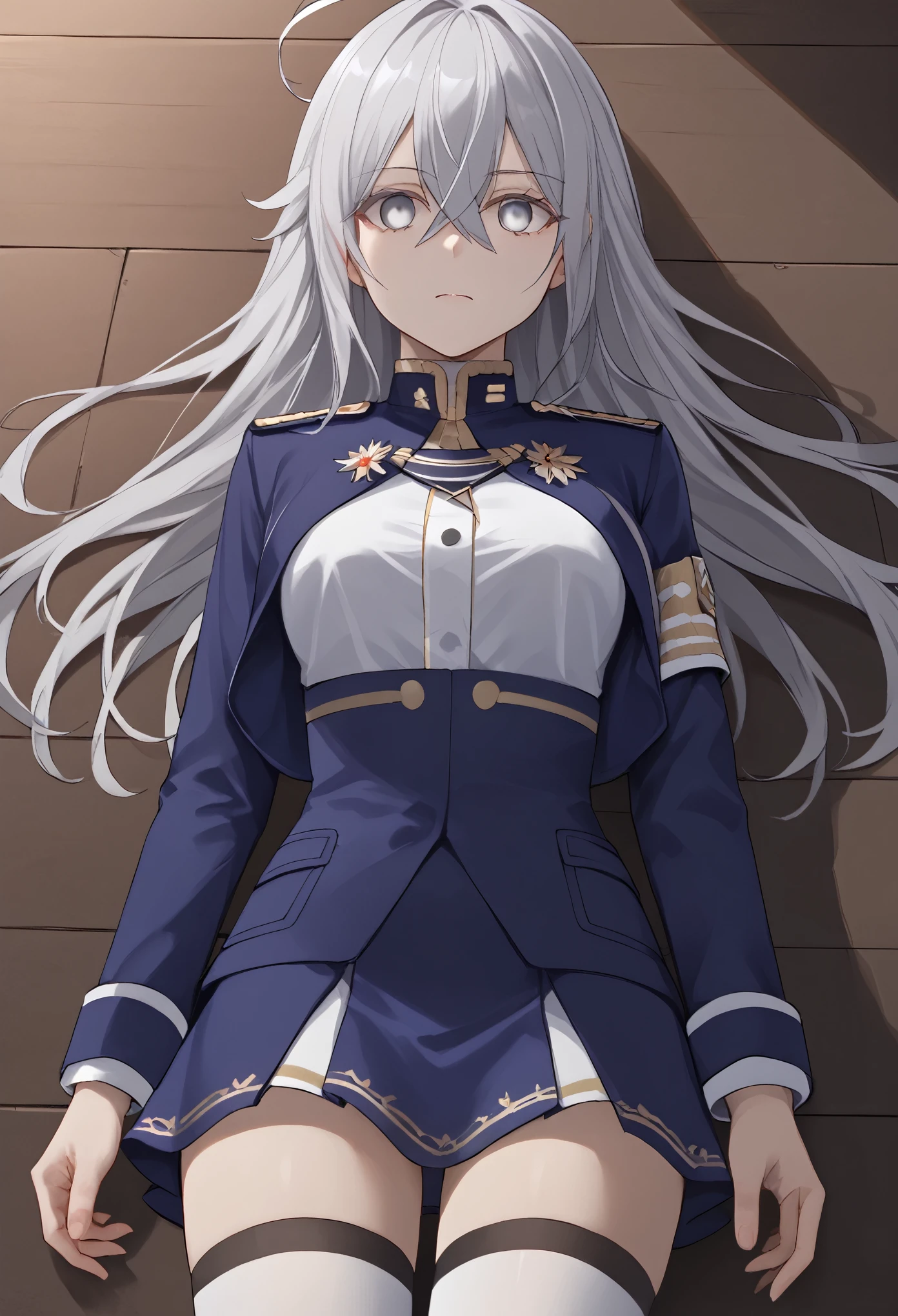 score_9, score_8_up, score_7_up, score_6_up, source_anime,masterpiece, best quality, 8k, 8k UHD, ultra-high resolution, ultra-high definition, highres, shading,
vladilena milize, grey eyes, grey hair, hair between eyes, long hair, ahoge, straight hair, 
blue jacket, blue skirt, jacket, military uniform, shirt, skirt, thighhighs, uniform, white shirt, white thighhighs,
indoors,
solo, 1girl, lying on floor, on back, empty eyes, from above,