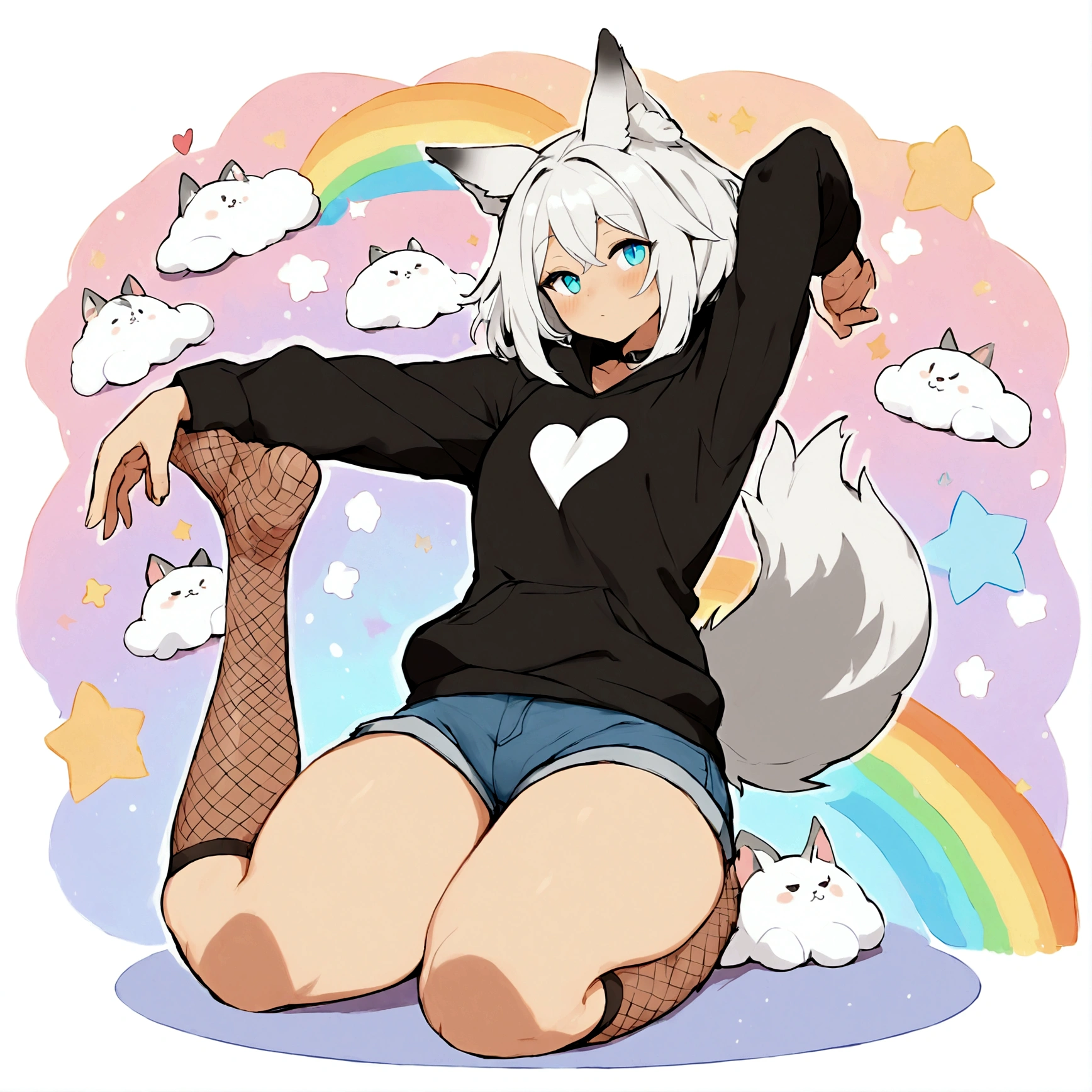 a cute adult male with wolf ears, white hair, has a wolf tail, wearing a loose cropped oversized black hoodie, wearing a pair of denim short shorts and fishnet stockings, thick thighs, wide hips, relaxing on mound of fluffy multi colored kawaii plushies, short, very slim, showing slender tummy, stretching out, heart on hoodie, squishy thighs, has glowing blue eyes. alone, solo (ALONE)(SOLO), surrounded by rainbows, colorful galaxy backround