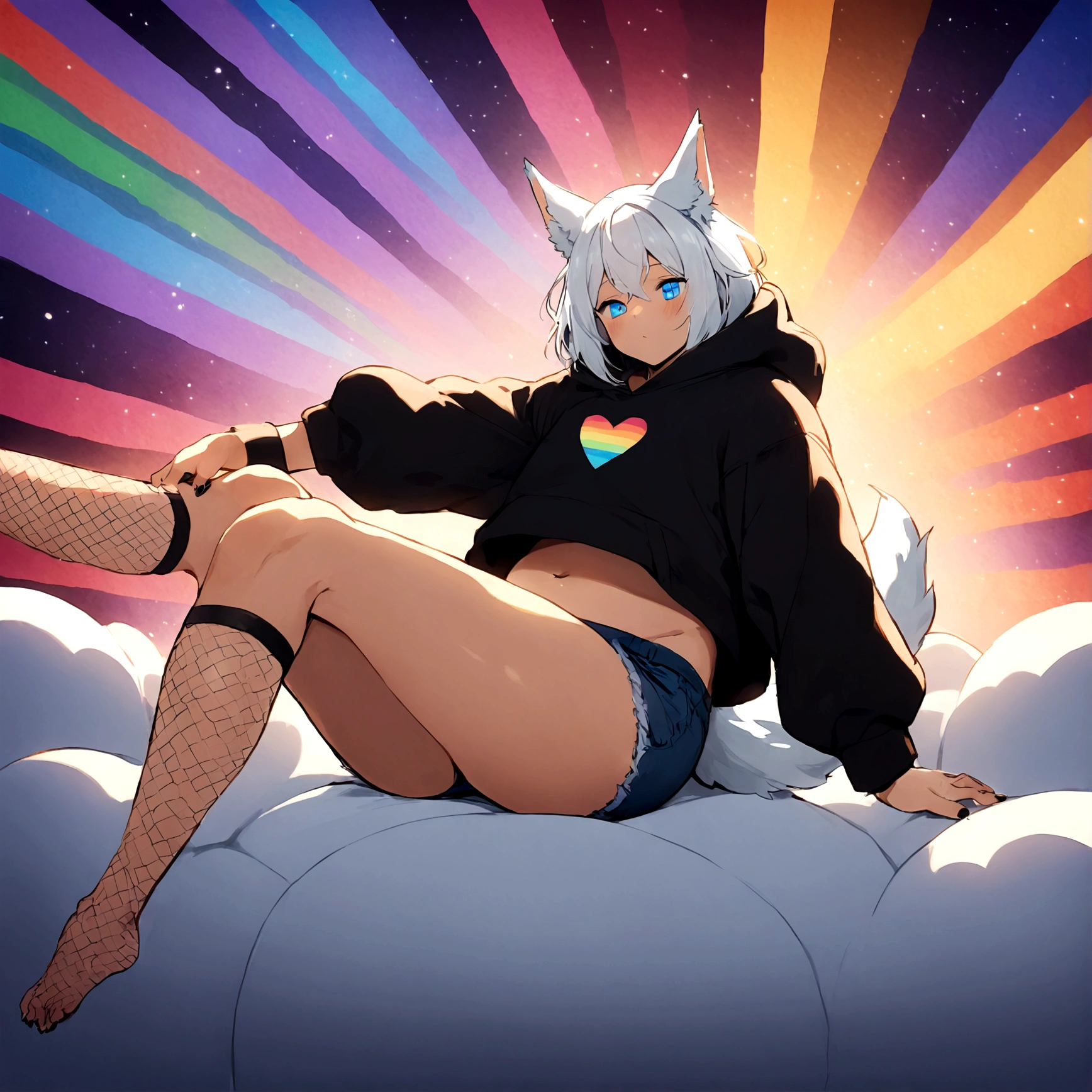 a cute adult male with wolf ears, white hair, has a wolf tail, wearing a loose cropped oversized black hoodie, wearing a pair of denim short shorts and fishnet stockings, thick thighs, wide hips, relaxing on mound of fluffy multi colored kawaii plushies, short, very slim, showing slender tummy, stretching out, heart on hoodie, squishy thighs, has glowing blue eyes. alone, solo (ALONE)(SOLO), surrounded by rainbows, colorful galaxy backround