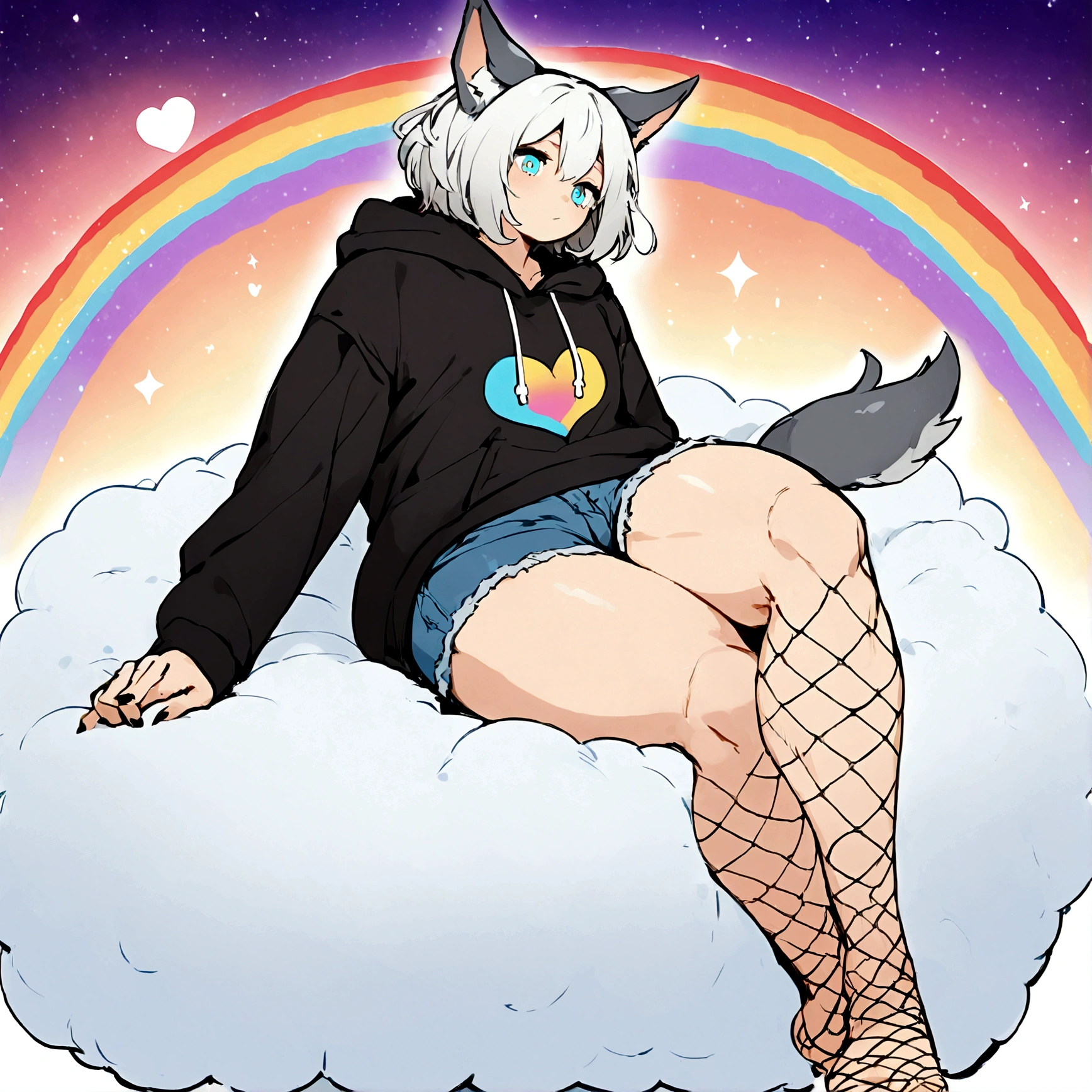 a cute adult male with wolf ears, white hair, has a wolf tail, wearing a loose cropped oversized black hoodie, wearing a pair of denim short shorts and fishnet stockings, thick thighs, wide hips, relaxing on mound of fluffy multi colored kawaii plushies, short, very slim, showing slender tummy, stretching out, heart on hoodie, squishy thighs, has glowing blue eyes. alone, solo (ALONE)(SOLO), surrounded by rainbows, colorful galaxy backround