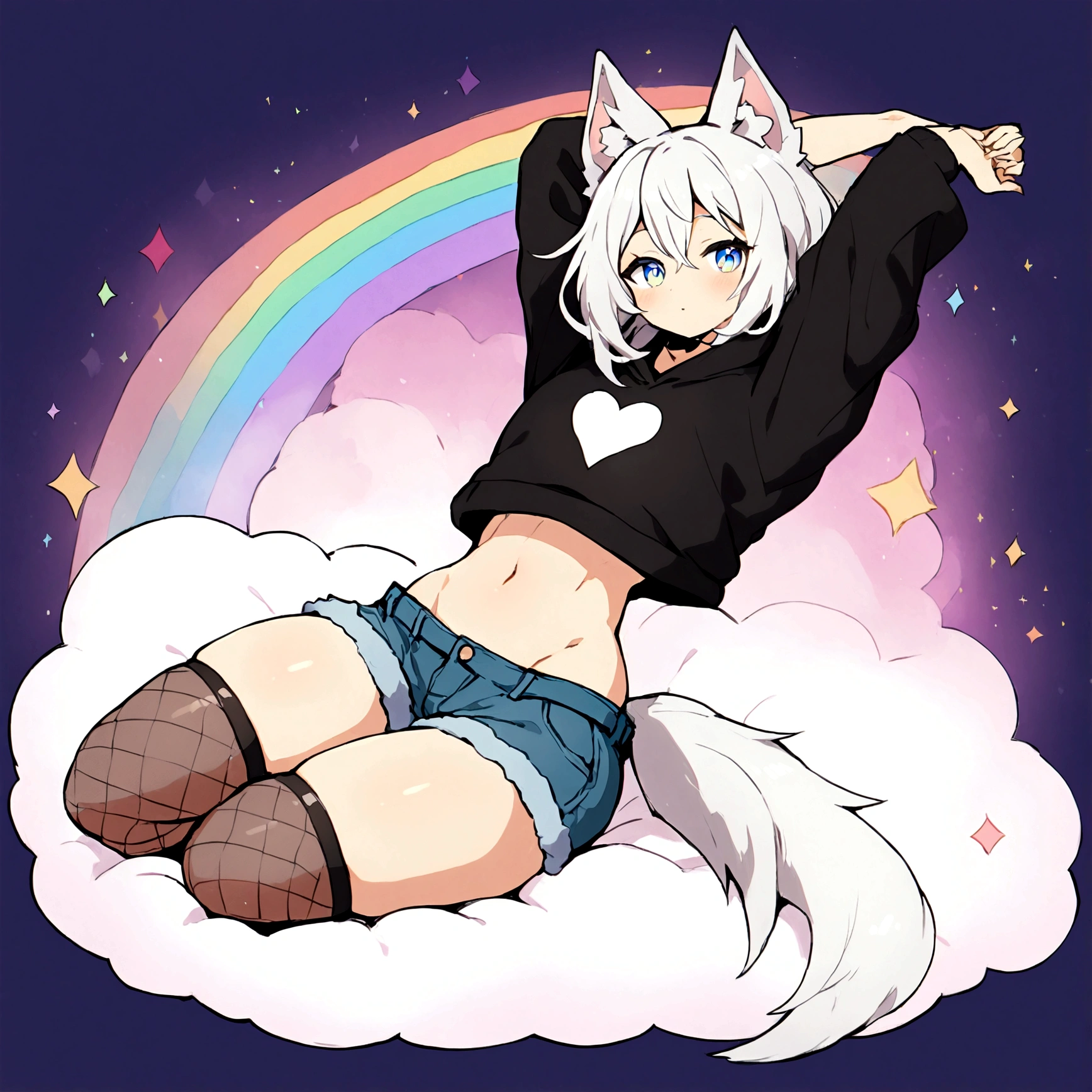 a cute adult male with wolf ears, white hair, has a wolf tail, wearing a loose cropped oversized black hoodie, wearing a pair of denim short shorts and fishnet stockings, thick thighs, wide hips, relaxing on mound of fluffy multi colored kawaii plushies, short, very slim, showing slender tummy, stretching out, heart on hoodie, squishy thighs, has glowing blue eyes. alone, solo (ALONE)(SOLO), surrounded by rainbows, colorful galaxy backround