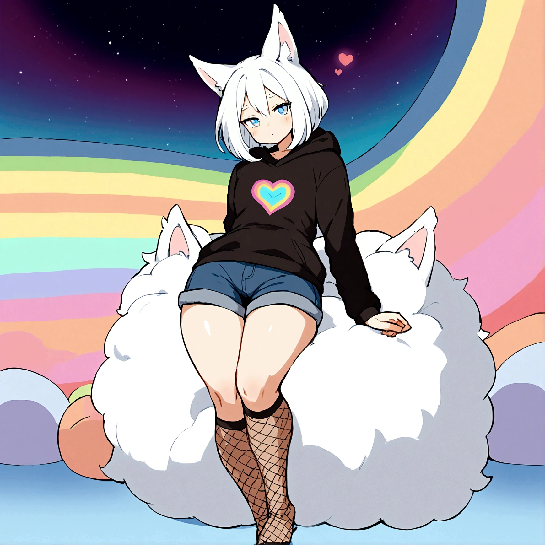 a cute adult male with wolf ears, white hair, has a wolf tail, wearing a loose cropped oversized black hoodie, wearing a pair of denim short shorts and fishnet stockings, thick thighs, wide hips, relaxing on mound of fluffy multi colored kawaii plushies, short, very slim, showing slender tummy, stretching out, heart on hoodie, squishy thighs, has glowing blue eyes. alone, solo (ALONE)(SOLO), surrounded by rainbows, colorful galaxy backround