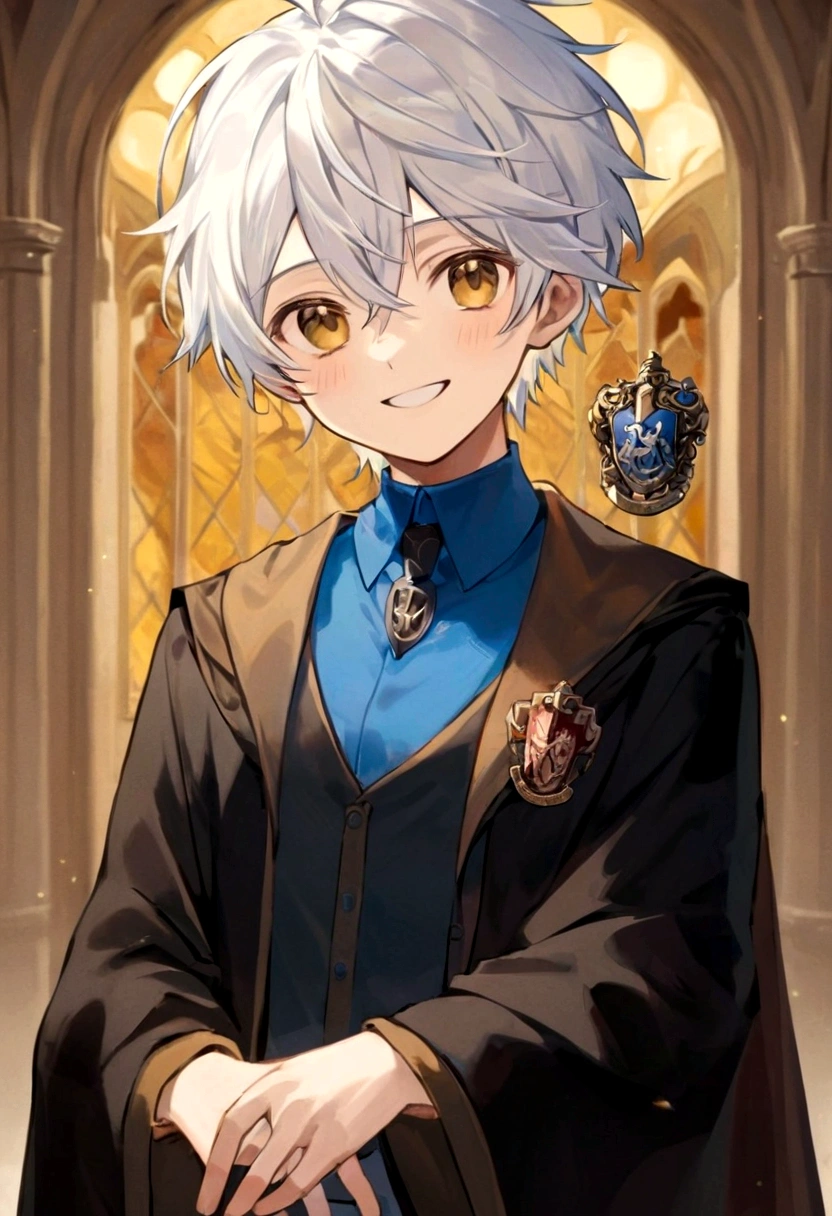 Ravenclaw uniform, Ravenclaw emblem, black robe. Beautiful face boy. Very smart. white Hair. Amber yellow eyes. Hogwarts. Cheerful. Smile. Blue clothes