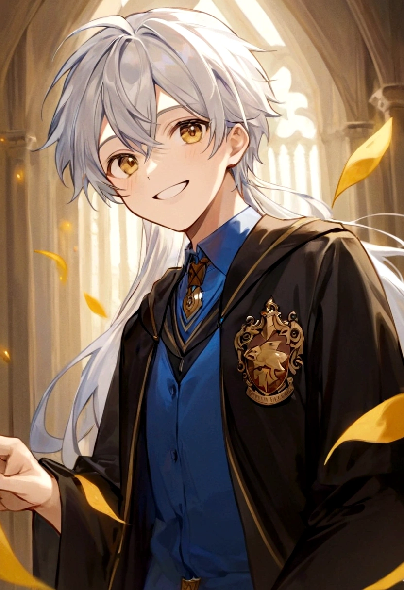 Ravenclaw uniform, Ravenclaw emblem, black robe. Beautiful face boy. Very smart. white Hair. Amber yellow eyes. Hogwarts. Cheerful. Smile. Blue clothes