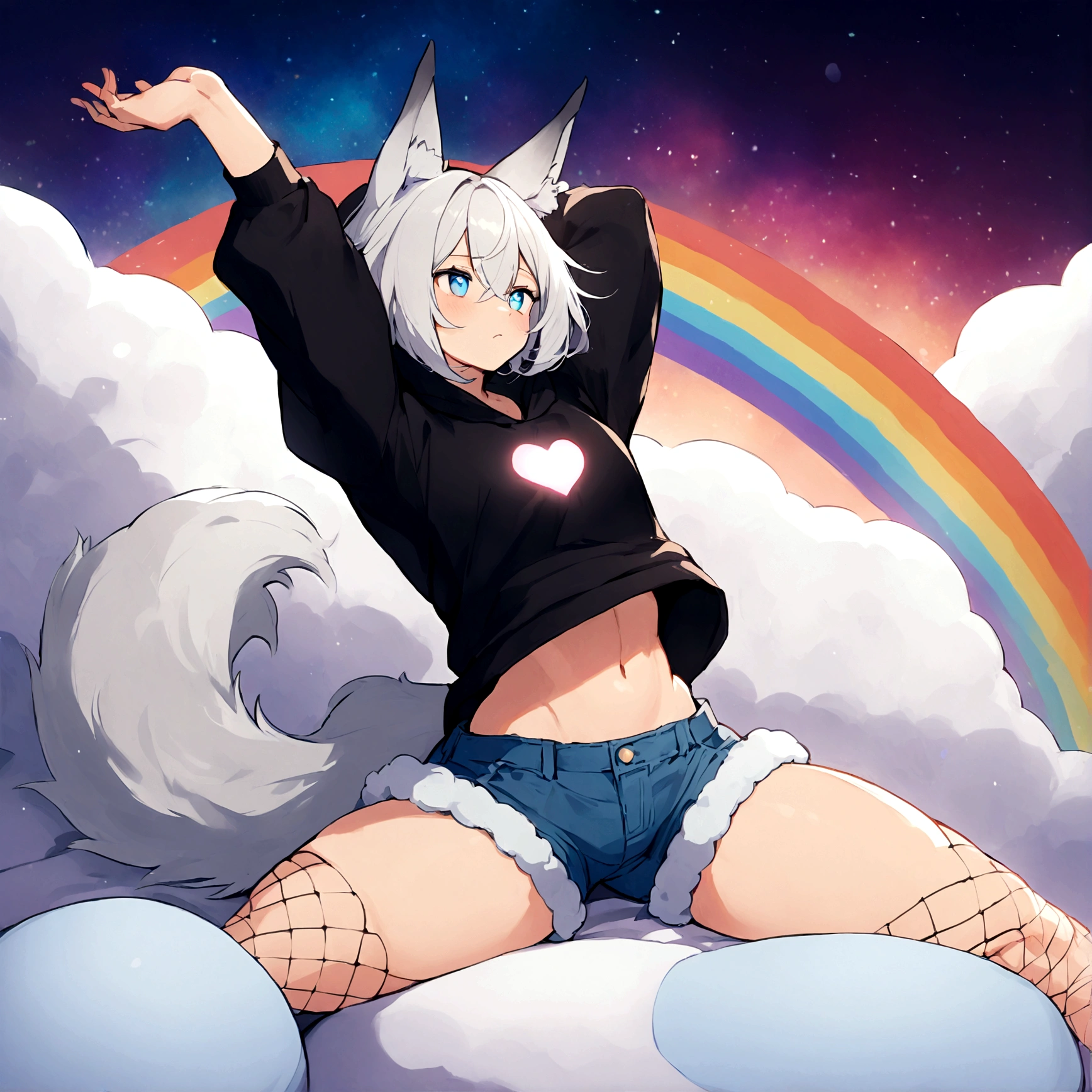 a cute adult male with wolf ears, white hair, has a wolf tail, wearing a loose cropped oversized black hoodie, wearing a pair of denim short shorts and fishnet stockings, thick thighs, wide hips, relaxing on mound of fluffy multi colored kawaii plushies, short, very slim, showing slender tummy, stretching out, heart on hoodie, squishy thighs, has glowing blue eyes. alone, solo (ALONE)(SOLO), surrounded by rainbows, colorful galaxy backround