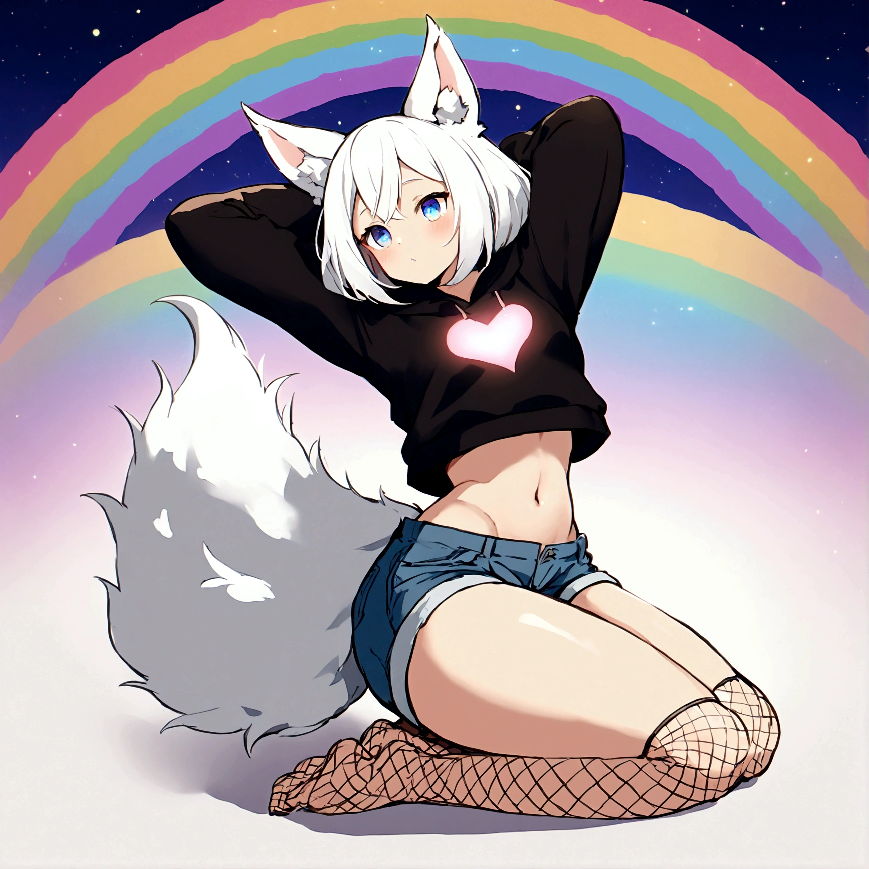 a cute adult male with wolf ears, white hair, has a wolf tail, wearing a loose cropped oversized black hoodie, wearing a pair of denim short shorts and fishnet stockings, thick thighs, wide hips, relaxing on mound of fluffy multi colored kawaii plushies, short, very slim, showing slender tummy, stretching out, heart on hoodie, squishy thighs, has glowing blue eyes. alone, solo (ALONE)(SOLO), surrounded by rainbows, colorful galaxy backround