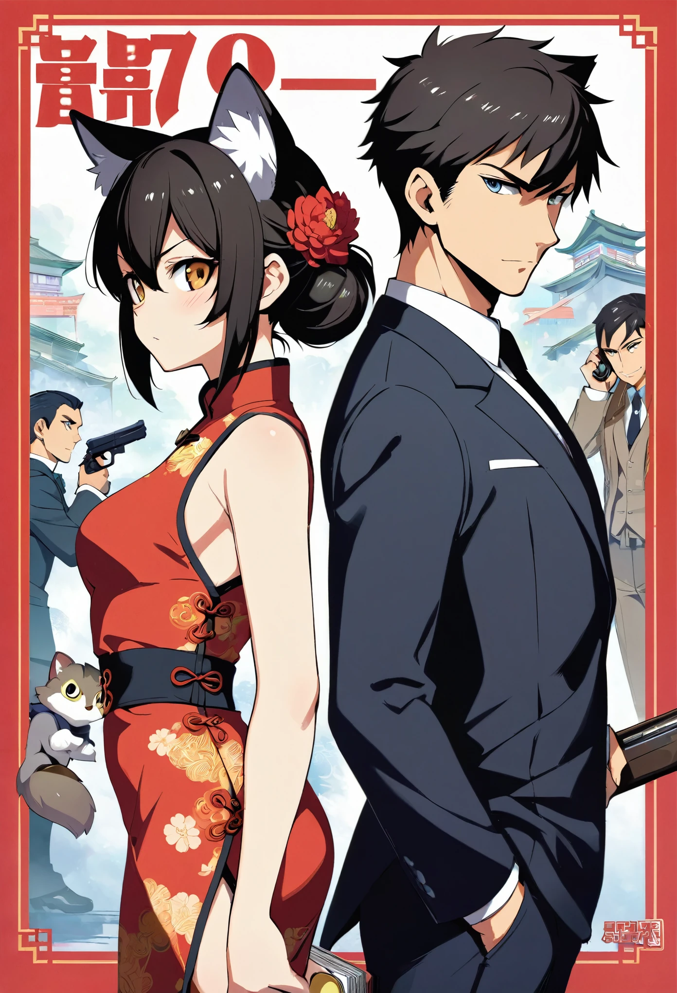 A doujinshi cover with a young male detective and a woman in a Chinese dress back to back, furry, kemono, with some elements of 007, battle manga,