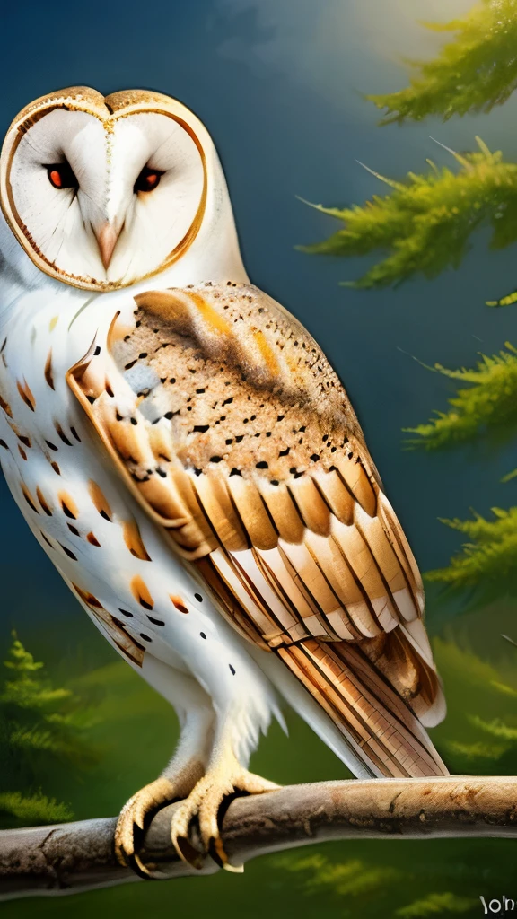 painting of a barn owl perched on a branch in a field, an airbrush painting by John Michael Wright, flickr, fine art, glowing white owl, radiant owl, exquisite and handsome wings, owl feathers, hyperrealistic robot owl, cute owl, barn owl face, beautiful detail and color, beautiful detail, beautifully painted, an owl, beautiful!!!!!!!!!, spotted ultra realistic