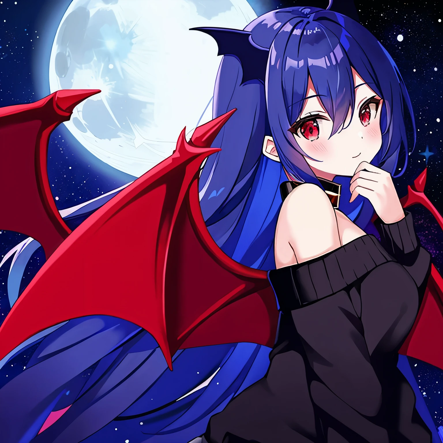 1girl, off-shoulder black sweater, Masterpiece, high resolution, anime style beautiful girl, cobalt blue hair, vampire, wings, red eyes, nighttime, blue moon, galaxy background, vampire