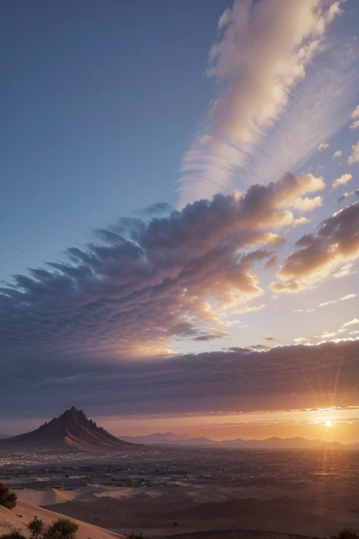 Mountain at sunset, uma cidade futurista no deserto como pano de fundo, nuvens baixas cobrem a montanha, realista+detalhes altamente intrincados, roupas coloridas, corpos inteiros, 16k.