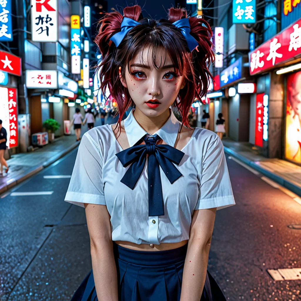 (8k, RAW photo, masterpiece:1.3), (realistic, photo-realistic:1.37), (night), (looking at viewer:1.331), (bloody hair), posing, Tokyo street, nightcityscape, cyberpunk city, soft light, 1girl, extremely beautiful face, bust, put down hands, Random hairstyle, Random expression, big eyes, lower abdomen, (short-sleeved .JK_shirt), JK_style, (dark blue short JK_skirt), (bow JK_tie), mix4., best quality