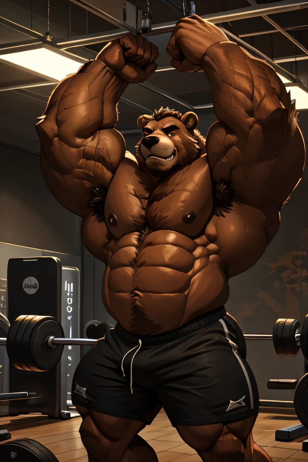 (best quality, 4k, highres, masterpiece:1.2), 1bear, 1boy, ultra-detailed, fury, furry art (realistic, photorealistic, photo-realistic:1.37), massive muscular, huge muscular, chubby Grizzly bear, working out, deadlifts, workout in the gym, pumping his huge muscles, straining, sweating, black shorts and black wristbands, lifting heaviest weight, barbells, gym equipments, brown hair, thick brown fur, super thick arms, super big pectoral, super wide hairy pectoral, topless, shirtless, eyebrows, impressive brown beard, strong jawline, kind eyes, strong arms, proud posture, well-built physique, professional lighting and backdrop, intense shadows, vibrant colors, dramatic composition, gritty texture, vintage aesthetic, dynamic perspective. Add textures and details to make the image more realistic, such as the appearance of the body built muscles texture and the appearance of the brown fur,